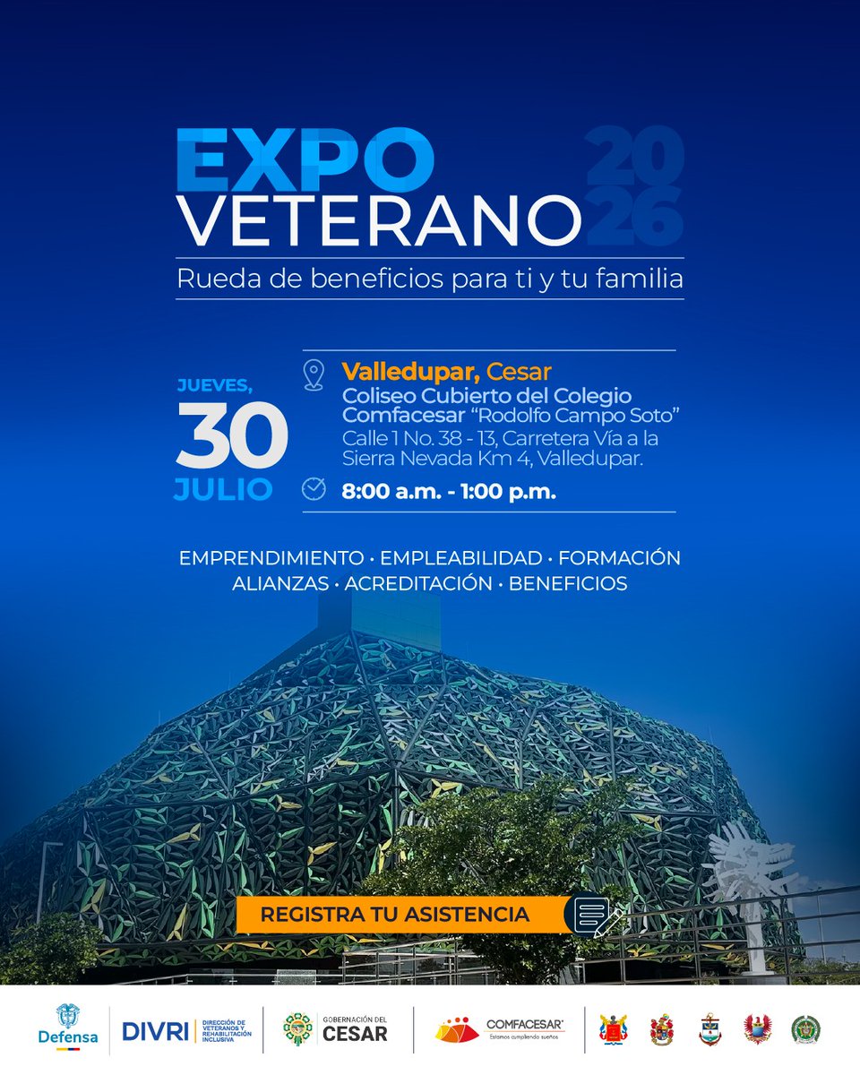 Cremil_Co's tweet photo. En apoyo a la DIVRI, queremos invitar a todos nuestros veteranos que residen en el departamento del Cesar, a participar en la gran feria ExpoVeterano Valledupar 2026. https://t.co/tqs5sh8UjU