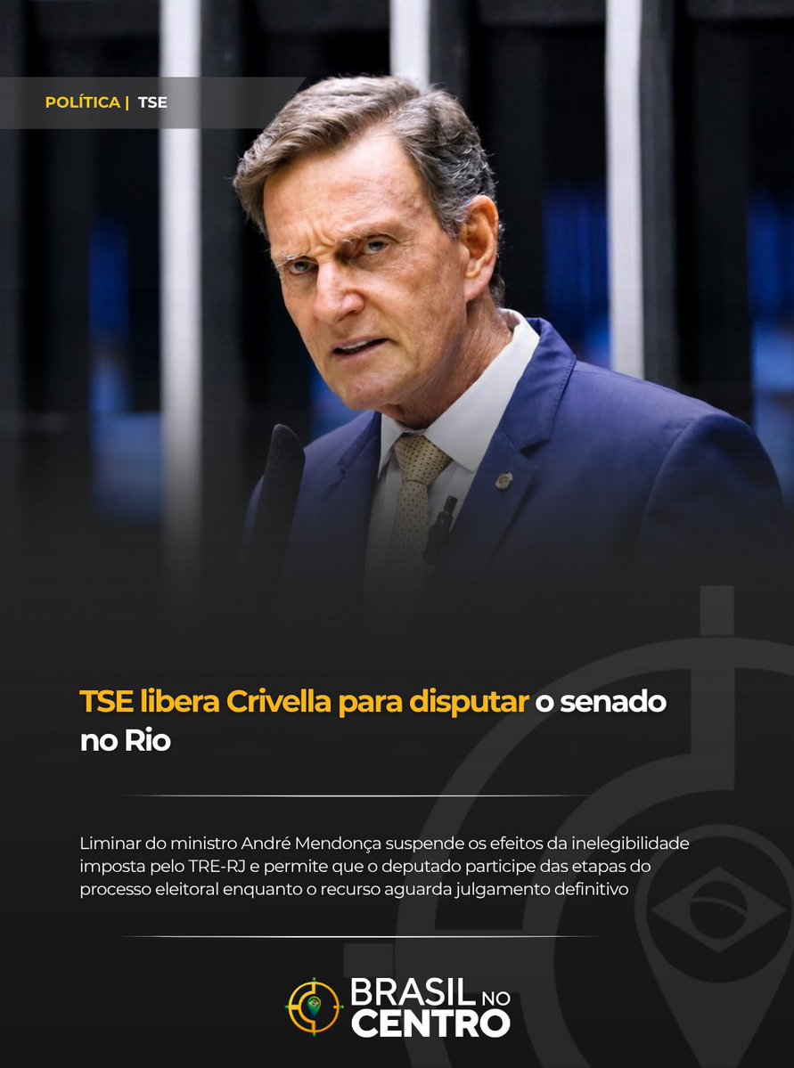 BRnoCentro's tweet photo. O Tribunal Superior Eleitoral concedeu uma liminar que suspende a inelegibilidade do deputado federal Marcelo Crivella, permitindo que ele participe da disputa por uma vaga ao Senado pelo Rio de Janeiro enquanto o recurso apresentado por sua defesa aguarda julgamento definitivo.

A decisão foi assinada pelo ministro André Mendonça e leva em consideração a proximidade das convenções partidárias e do calendário de registro das candidaturas. O mérito do processo ainda será analisado pelo plenário do TSE.

Leia a reportagem completa no Brasil no Centro.

https://t.co/eLOoQU2Vms