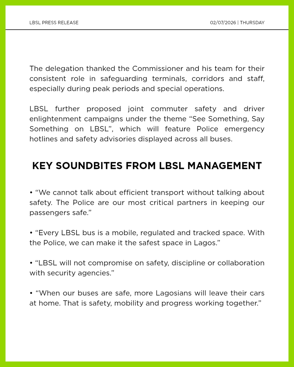 Lbslng's tweet photo. Press Release: 
Lagos Bus Services Limited, Lagos Police Command Pledge Stronger Collaboration for Safer Commutes. LBSL seeks increased visibility at terminals and key bus corridors. https://t.co/7jGO3aDO48