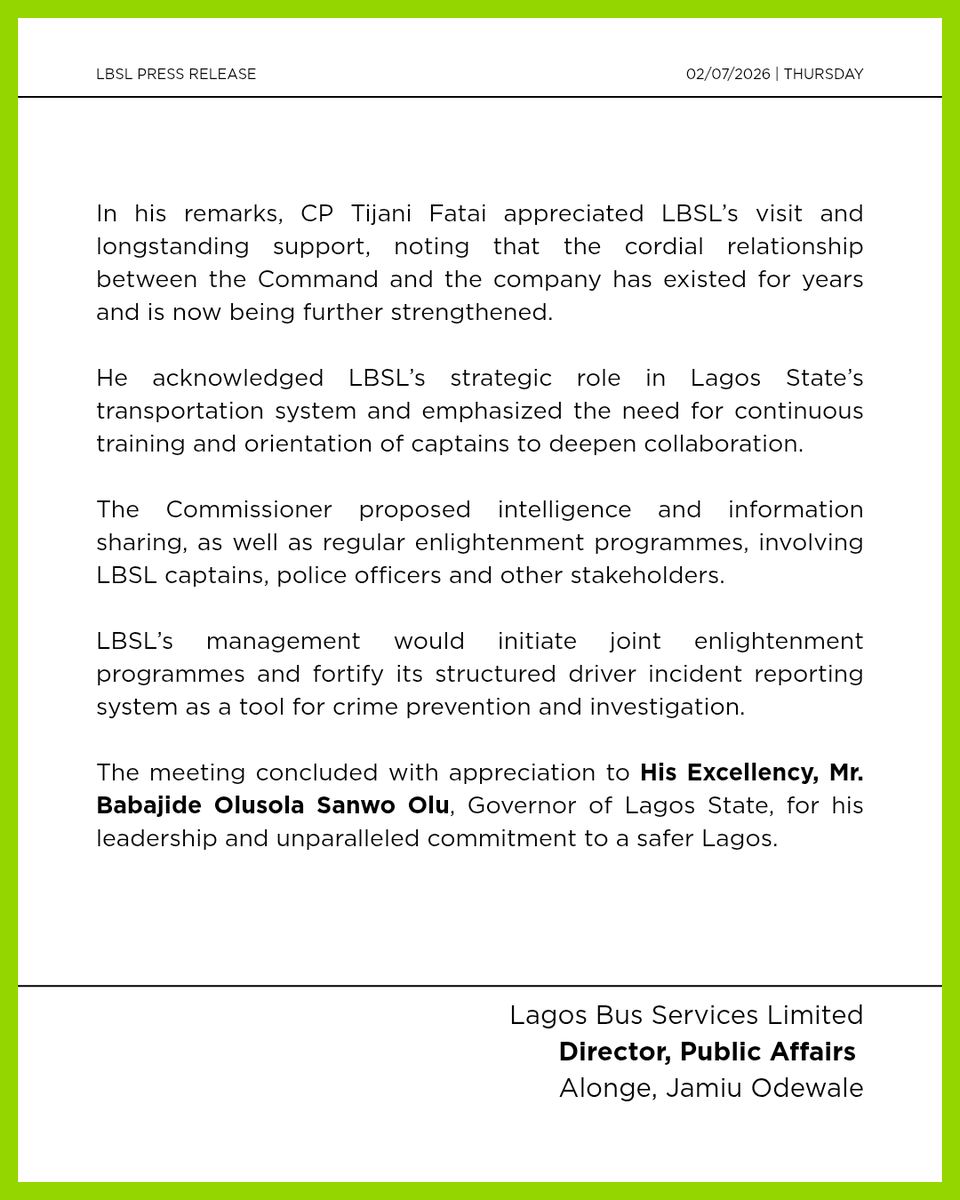 Lbslng's tweet photo. Press Release: 
Lagos Bus Services Limited, Lagos Police Command Pledge Stronger Collaboration for Safer Commutes. LBSL seeks increased visibility at terminals and key bus corridors. https://t.co/7jGO3aDO48