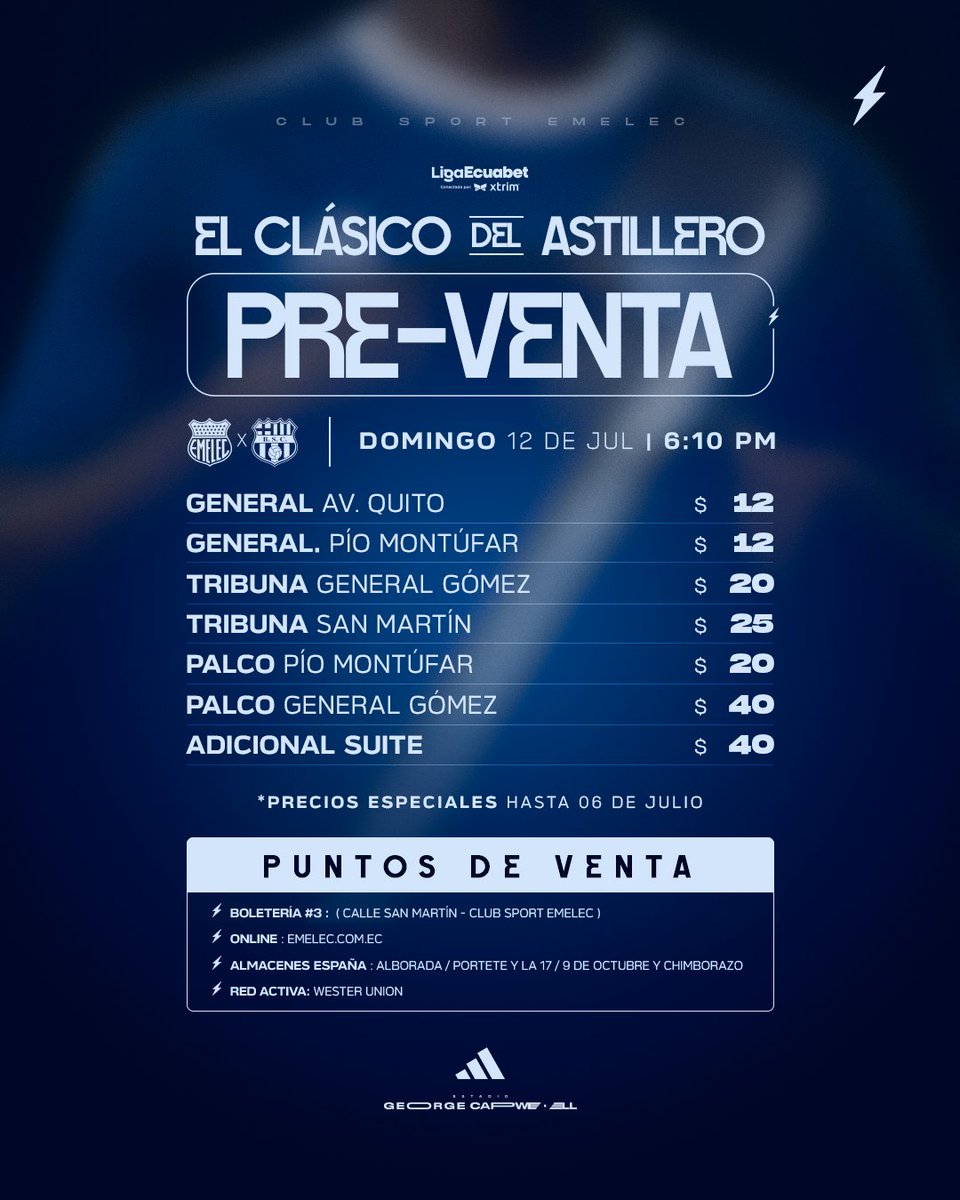 CSEmelec's tweet photo. 🔵 El Clásico del Astillero comienza a vivirse desde hoy.

🎟️ Adquiere tu entrada en preventa con precios especiales

📍 Puntos de venta:
🏟️ Boleterías del estadio
🏢 Almacenes España
💵 Red Activa: Western Union
💻 https://t.co/53q5WJObk9

#VolviendoASerEmelec 🔵
