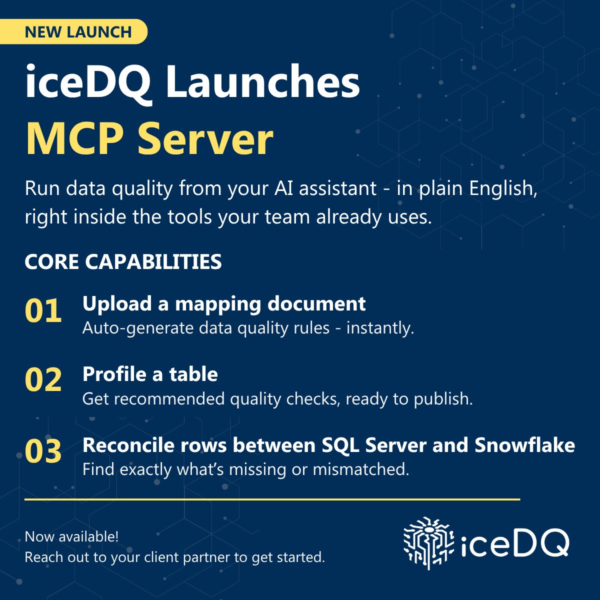iceDQAI's tweet photo. 📢 Announcing the iceDQ MCP Server - run data quality from your AI assistant.
Your iceDQ instance now speaks to Claude, GitHub Copilot, Cursor, and Microsoft Copilot Studio. Ask in plain English; iceDQ does the work

#iceDQ #DataQuality #DataReliability #AIAgents #MCP https://t.co/6VVmrMTUdN