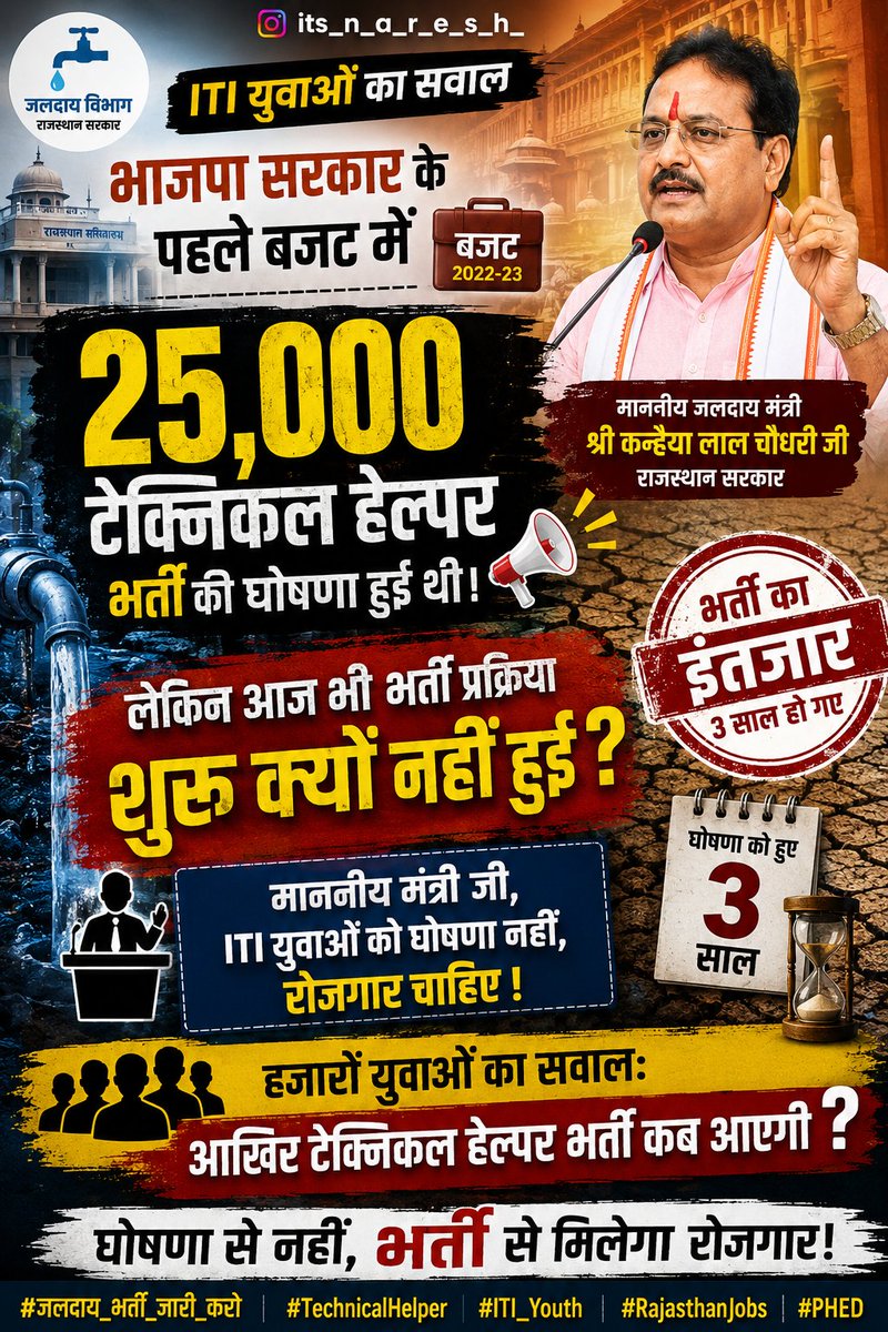 itsnaresh007's tweet photo. भाजपा सरकार के पहले बजट में राजस्थान जलदाय विभाग में 25,000 टेक्निकल हेल्पर भर्ती की घोषणा की गई थी।
@RajCMO
@OnlineKanhaiya
@1stIndiaNews
#जलदाय_भर्ती_जारी_करो #TechnicalHelper #ITI #Rajasthan #PHED #RajasthanJobs #ITIYouth #रोजगार https://t.co/dar6UYBzna