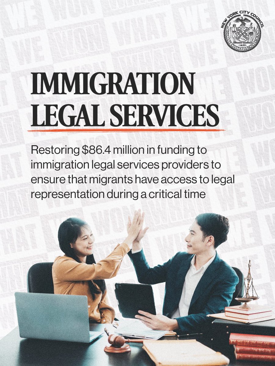 NYCCouncil's tweet photo. 🚨 HUGE NEWS FOR NEW YORK CITY 🚨

Our budget for FY27 will:

✅ Double the number of @NYCSanitation lot cleaning crews

✅ Expand mobile medical teams that help people in crisis

✅ Restore funding for immigration legal services for New Yorkers

✅ Increase funding for @CUNY support services