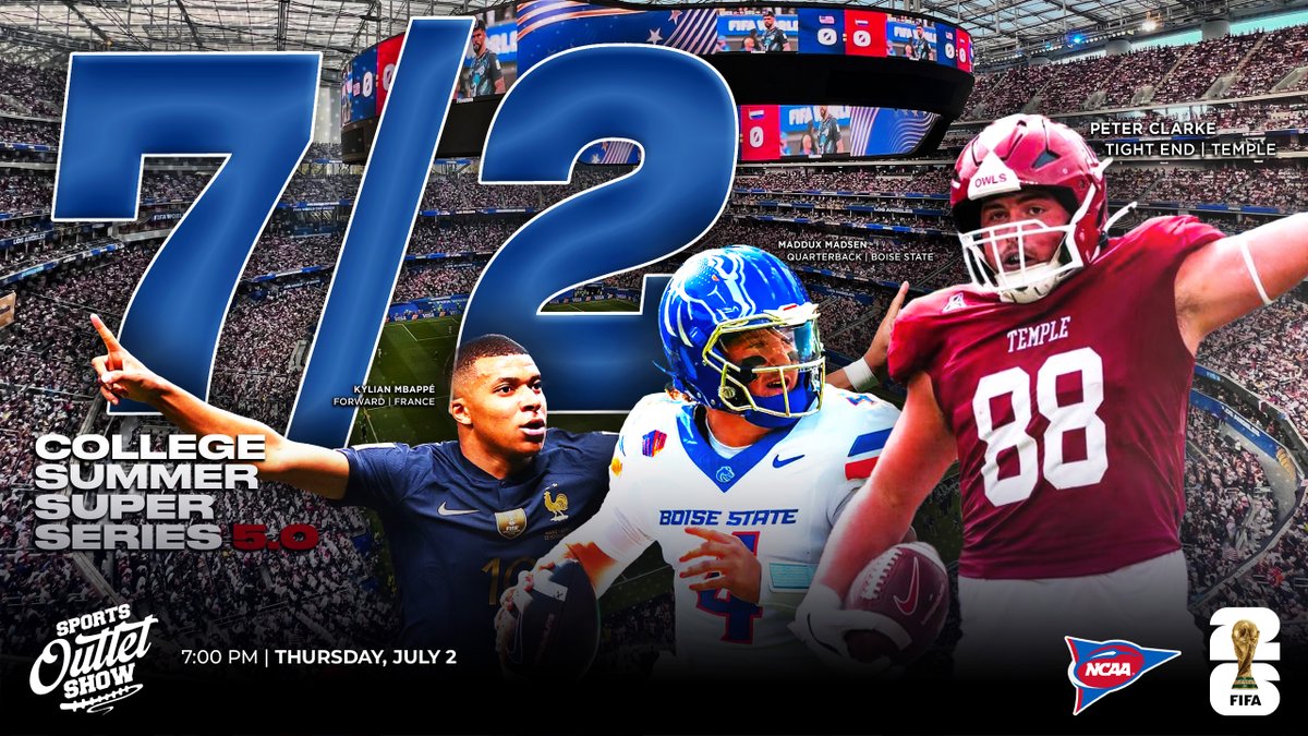 outlet_show's tweet photo. THE COLLEGE SUMMER SUPER SERIES ON THE SPORTS OUTLET SHOW IS BACK FOR A 5TH STRAIGHT YEAR!

Join us tonight as we kick off with the Group of 5 Frenzy of 12 CFB teams + an appetizer of the #FIFAWorldCup through the Knockout Stages. 

7:00 PM. TONIGHT. ⬇️

https://t.co/122v77zgR0 https://t.co/vmBTD7gZyx