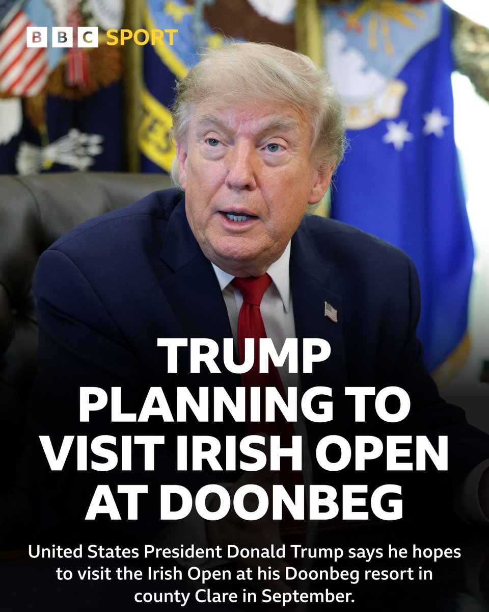 BBCSPORTNI's tweet photo. US President Donald Trump has indicated that he is likely to attend this year's Irish Open at his Doonbeg golf resort in county Clare⛳

#BBCGolf https://t.co/8cT5ANOBPz