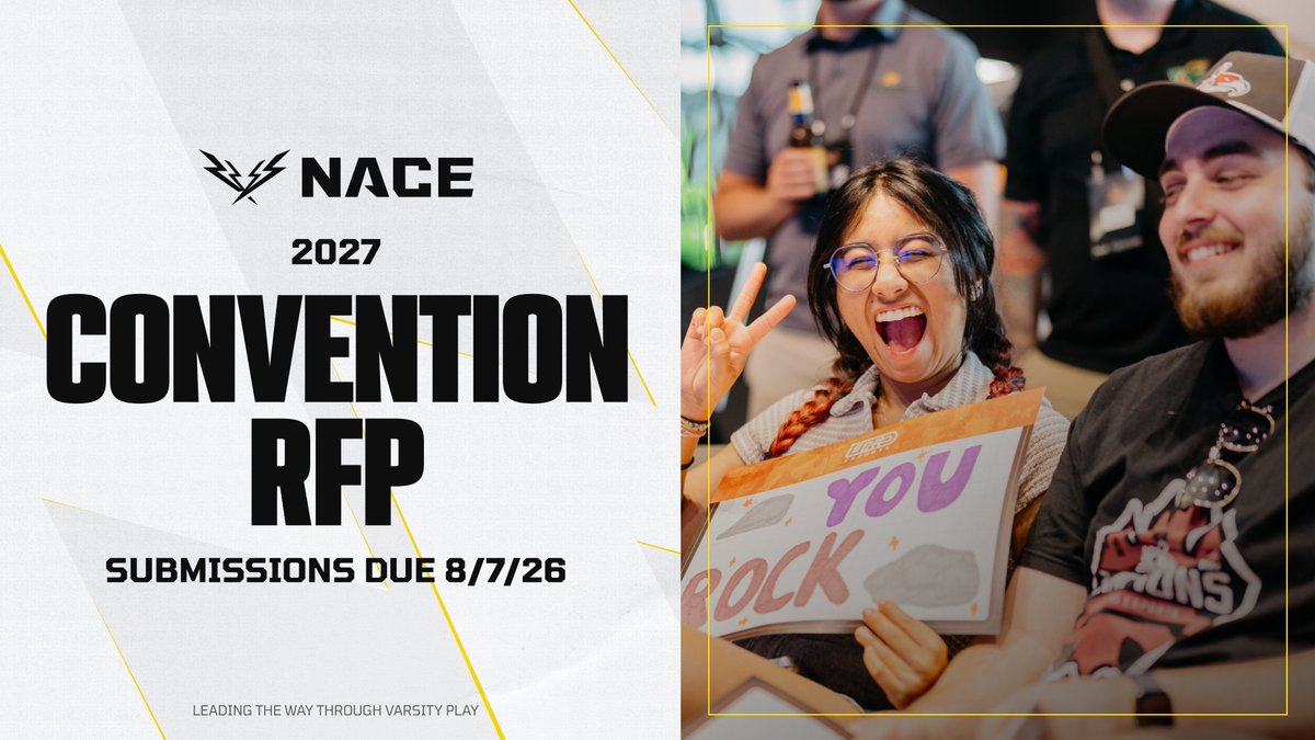 NACEsports's tweet photo. 𝐇𝐨𝐬𝐭 𝐭𝐡𝐞 𝟐𝟎𝟐𝟕 𝐍𝐚𝐭𝐢𝐨𝐧𝐚𝐥 𝐂𝐨𝐧𝐯𝐞𝐧𝐭𝐢𝐨𝐧!

Members, now is your chance to bid to host the 2027 NACE National Convention! 

Submissions due by August 7th, 2026.

RFP Below ⤵️ https://t.co/VBOMBeRvFr