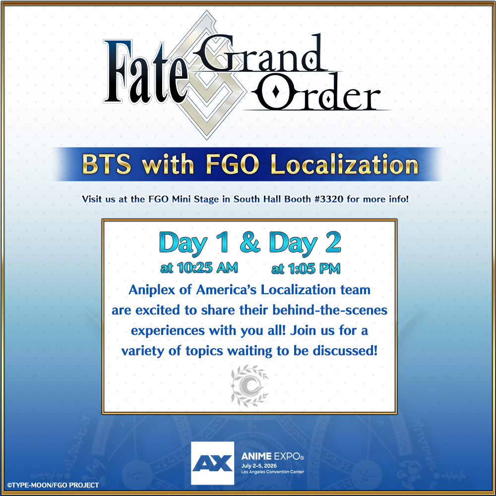FateGO_USA's tweet photo. Aniplex of America’s talented staff will be joining us shortly to give a behind-the-scenes look at the FGO localization process! Join us today at 10:25 AM and tomorrow at 1:05 PM at South Hall Booth #3320 as we discuss a variety of topics.

#FateGOUSA #AX2026 https://t.co/F1cppGwJ3o