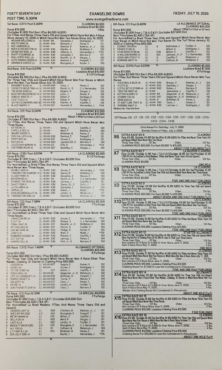 TedArmstrong14's tweet photo. Here is your overnight @EVDRacing for Friday, 7/10/26.
9 races 
Post time 5:30 https://t.co/9qth9y40z3