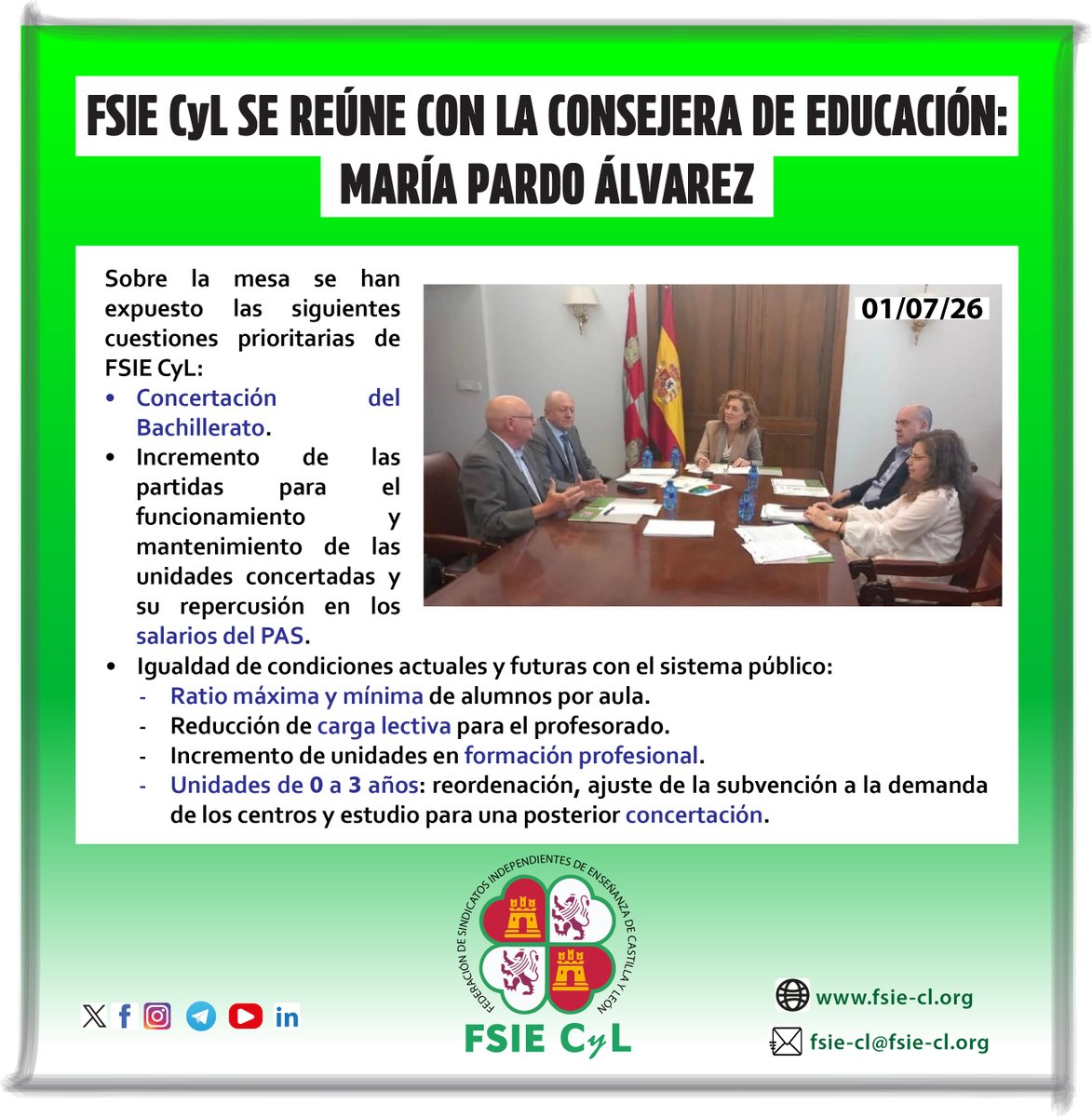 FSIECL's tweet photo. FSIE CyL SE REÚNE CON LA NUEVA CONSEJERA DE EDUCACIÓN
Ayer, 1 de julio, FSIE CyL mantuvo una reunión con la nueva consejera de Educación, @MariaPardo2706 , para trasladarle las principales reivindicaciones y prioridades de nuestra organización. #FSIECyL #FSIE #CastillayLeón https://t.co/FcUq46vqZf