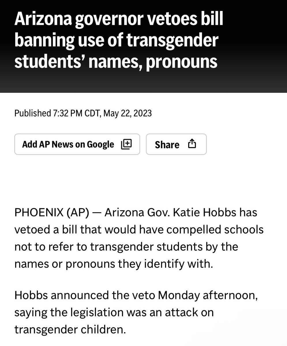 DjsokeSpeaking's tweet photo. Hobbs vetoed this bill and a bunch of others that were anti-trans, rooted in election denialism, loosening gun laws, etc. (and she’s been vetoing similar bills for years, see this from 2023)

Insanely materially impactful 0.7% win https://t.co/FFiVR58mzA