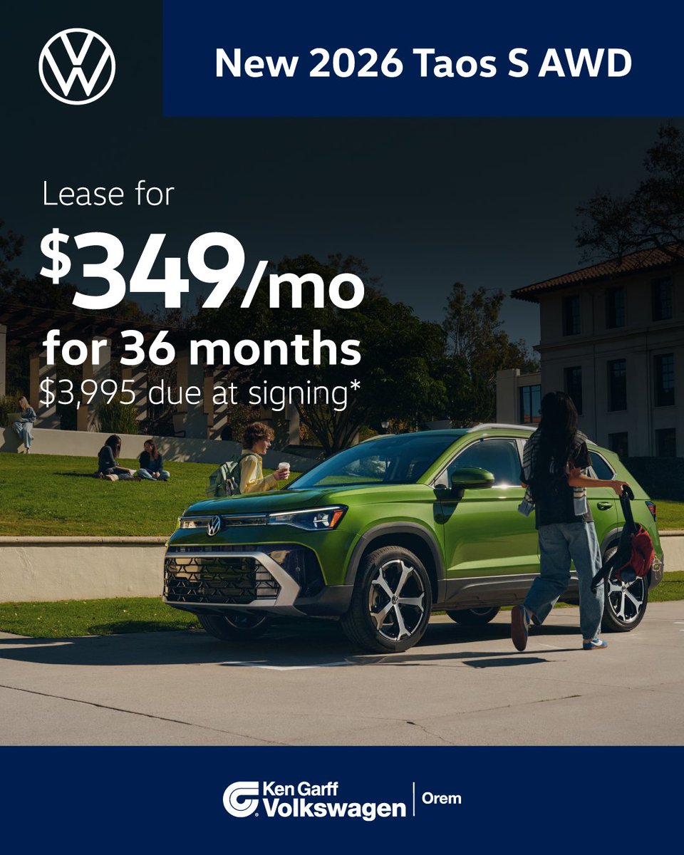 KGVWOrem's tweet photo. 🚗✨ Elevate your drive with the new 2026 Taos S AWD! Lease for just $349/month for 36 months. 

Shop now: https://t.co/UPkWrSHRy0

*See dealer for details. Offer Expires 7/31/2026. https://t.co/hSySD3rQvD