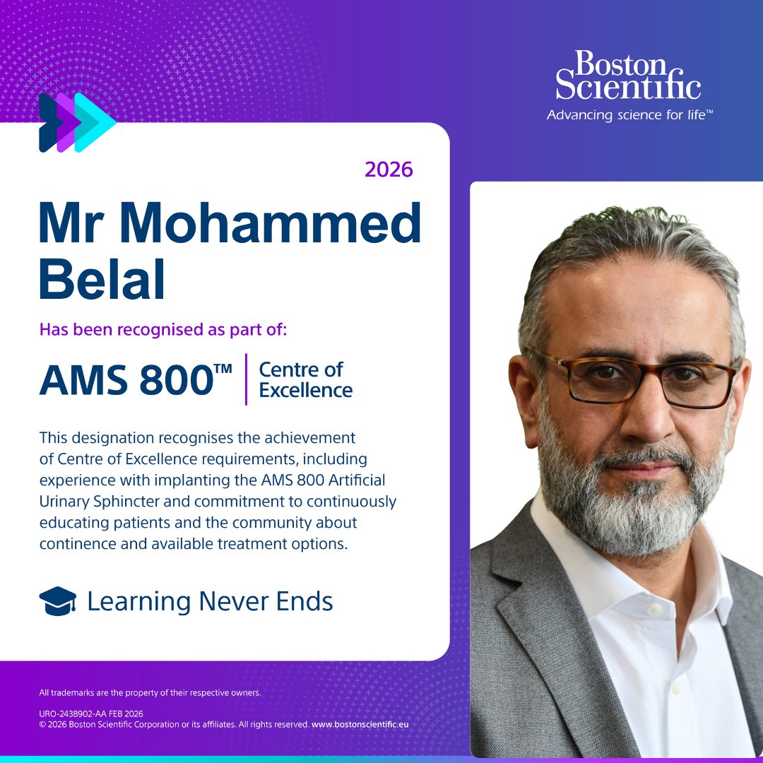 BSCEMEA_Urology's tweet photo. Congrats to Mr Mohammed Belal at Queen Elizabeth Hospital Birmingham for being designated an AMS 800™ Artificial Urinary Sphincter Centre of Excellence! 👏
Thank you for your dedication and care.
Learn more: https://t.co/nbsnJm3tWk
#CentreofExcellence #BSCEMEA
@mobelal3 https://t.co/v5wwvoZTvw