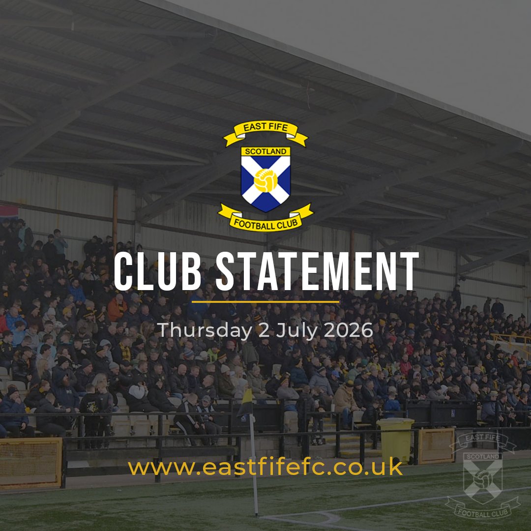EastFifeFC's tweet photo. East Fife FC has today published the following important announcement for all supporters

Please read the full statement on our website:
https://t.co/9BlXFN5yEj

Thank you for your continued support. https://t.co/JLPDxmesRg