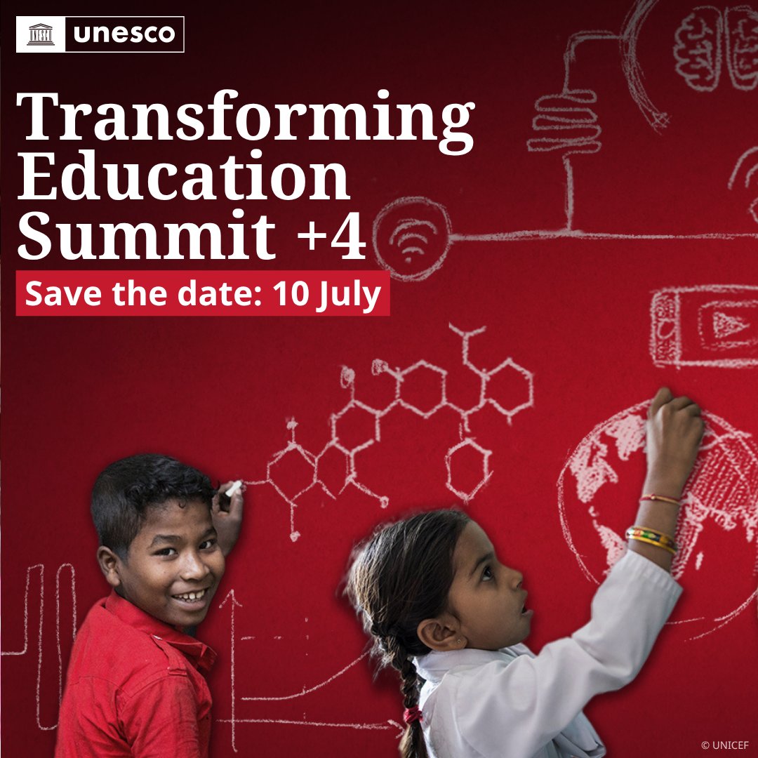 UNESCO's tweet photo. Four years ahead of the 2030 deadline for #SDG4, the world is off track: 273 million children globally are still out of school.

Convened by @UN Deputy Secretary-General @AminaJMohammed and @UNESCO_DG Khaled El‑Enany, the Transforming Education Summit + 4 (TES+4) will review progress made since the 2022 UN Transforming Education Summit.

Join us on 10 July 2026 to accelerate action towards achieving #SDG4 – focusing on resilience, teachers, digital transformation and financing of #Education.

📢 Save the date and learn more: https://t.co/KLmTCKfhog

#TransformingEducation #LeadingSDG4