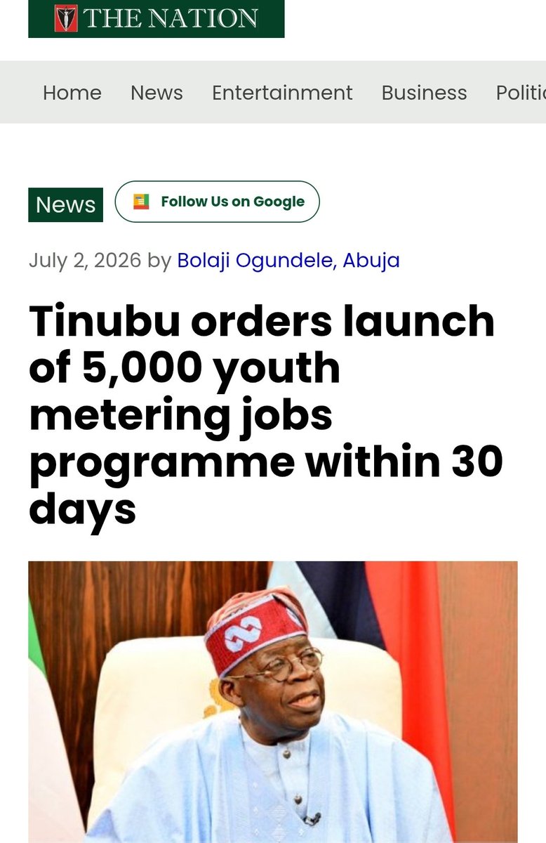 DeeOneAyekooto's tweet photo. President Bola Ahmed Tinubu has directed the Presidential Metering Initiative (PMI), in collaboration with the Federal Ministry of Youth Development, the National Power Training Institute of Nigeria (NAPTIN) and other relevant stakeholders, to commence within the next 30 days a nationwide programme that will train 5,000 young Nigerians as meter installers and technicians.

The President announced the directive on Thursday in a post on his verified X handle, @officialABAT, describing the initiative, known as The Power Force, as a major step under his administration’s Renewed Hope Agenda to create jobs, close Nigeria’s metering gap and strengthen the country’s electricity market.

Tinubu said the programme would provide practical technical skills to young Nigerians while connecting them to employment opportunities in the power sector.

According to him, the initiative is designed to create jobs, equip participants with employable skills and restore dignity through productive work.

He explained that the opportunity would be open to eligible Nigerians who have completed their secondary school education, with a dedicated quota reserved for members of the National Youth Service Corps (NYSC).

The President noted that the Presidential Metering Initiative, which he established, was created to eliminate the country’s metering deficit, end estimated billing, protect electricity consumers and improve transparency within the power sector.

He stressed that expanding metering across the country would ensure that households and businesses pay only for the electricity they consume while improving revenue collection by electricity distribution companies.