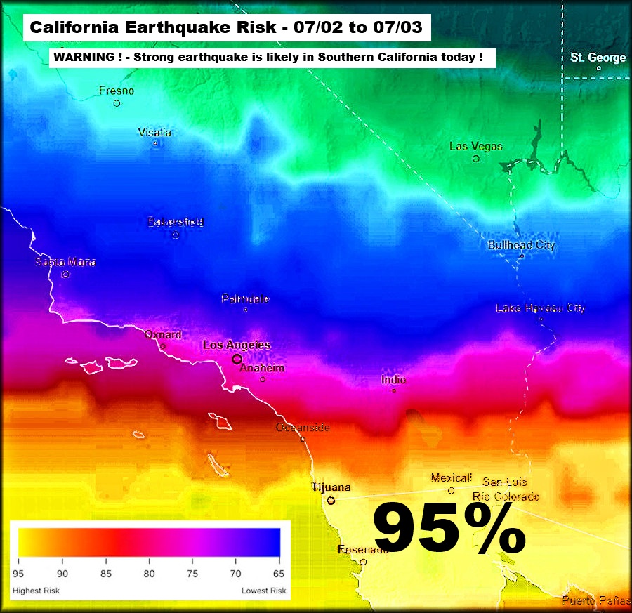 Quakeprediction's tweet photo. WARNING: Strong earthquake is likely in Southern California today. - 07/02/2026 https://t.co/IyGqUcO40D