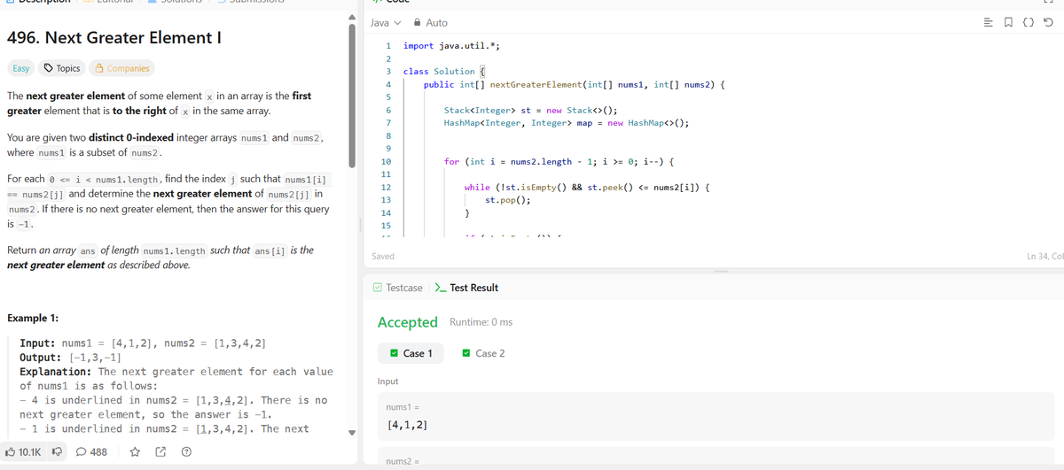 PrincePathak_5's tweet photo. Day 31/50 of my dsa challenge

Solved LeetCode 496 – Next Greater Element 

Today's focus was on understanding the Monotonic Stack pattern and how preprocessing with a stack + hashmap reduces the solution from O(n²) to O(n). https://t.co/hvZ590NCPk