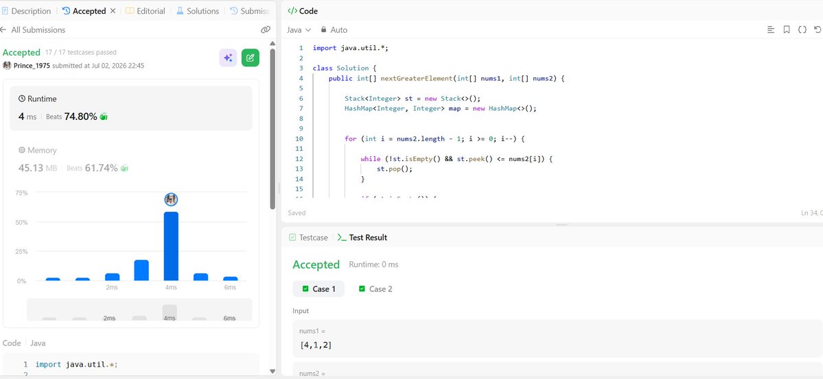 PrincePathak_5's tweet photo. Day 31/50 of my dsa challenge

Solved LeetCode 496 – Next Greater Element 

Today's focus was on understanding the Monotonic Stack pattern and how preprocessing with a stack + hashmap reduces the solution from O(n²) to O(n). https://t.co/hvZ590NCPk