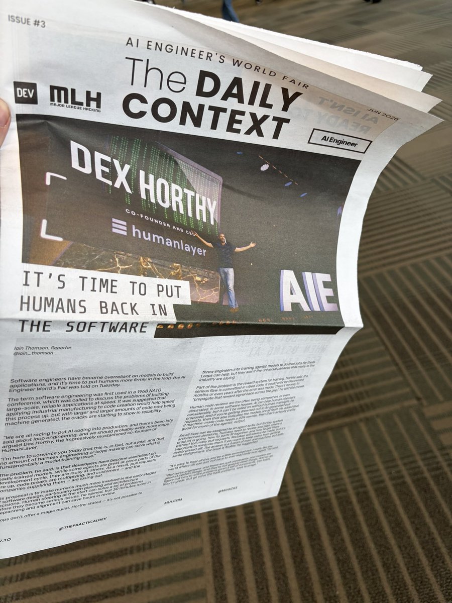 dexhorthy's tweet photo. Insane week at @aiDotEngineer !! @swyx and team are legends

If you’re around today, humanlayer is holding office hours on the second floor by the food stand, come say hi, bring your laptop, let’s ship! https://t.co/TTuvDE7ntU