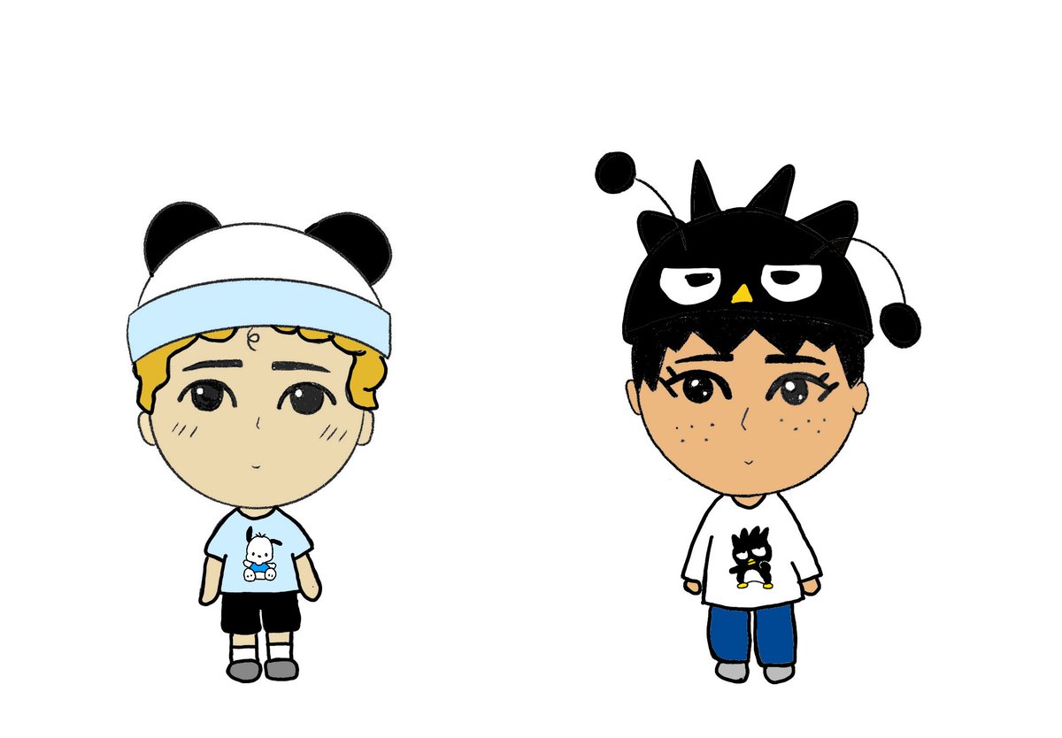 itskatelin_'s tweet photo. This is my take. Ilyusha is wearing Pochacco because he reminds him of Shanya.  Shanya is wearing Badtz-Maru for the same reason https://t.co/MQeRIwY8TC