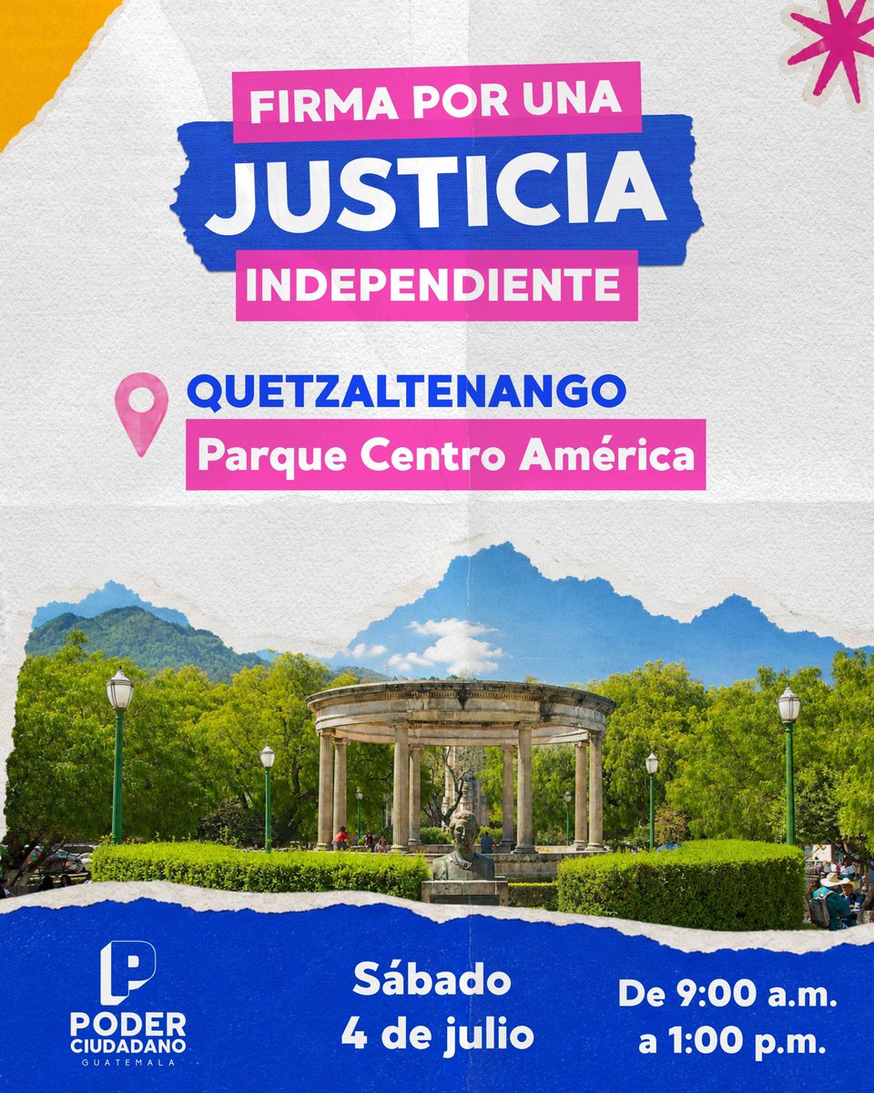 Apariciolopezde's tweet photo. 📢 ¡Xela, es momento de dar el primer paso por una justicia independiente! ⚖️✍️

Este sábado 4 de julio iniciamos la recolección de firmas. Te esperamos en el Parque Centro América, zona 1, de 9:00 a. m. a 1:00 p. M.

🔎 ¿Cómo puedes identificarnos?
El equipo de Poder Ciudadano estará debidamente identificado con chaleco y gafete oficial con nuestro logo.

✍️ ¿Quiénes pueden firmar?
✅ Ciudadanos guatemaltecos.
✅ Mayores de edad.
✅ Empadronados en el Tribunal Supremo Electoral (TSE).

🪪 No olvides llevar tu DPI.

📲 Conoce la propuesta en https://t.co/oeDu6rSLIn