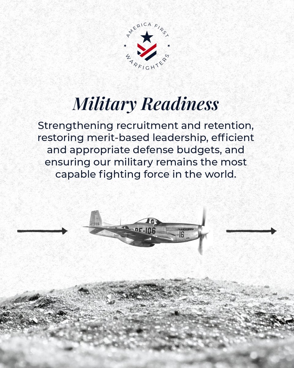 A1Policy's tweet photo. Putting America First starts with supporting those who serve.

Today, AFPI launched America First Warfighters @A1warfighters, a new initiative advancing policies that strengthen military readiness, improve veterans' healthcare, and support military families ⬇️ https://t.co/BRfHlmtMT0