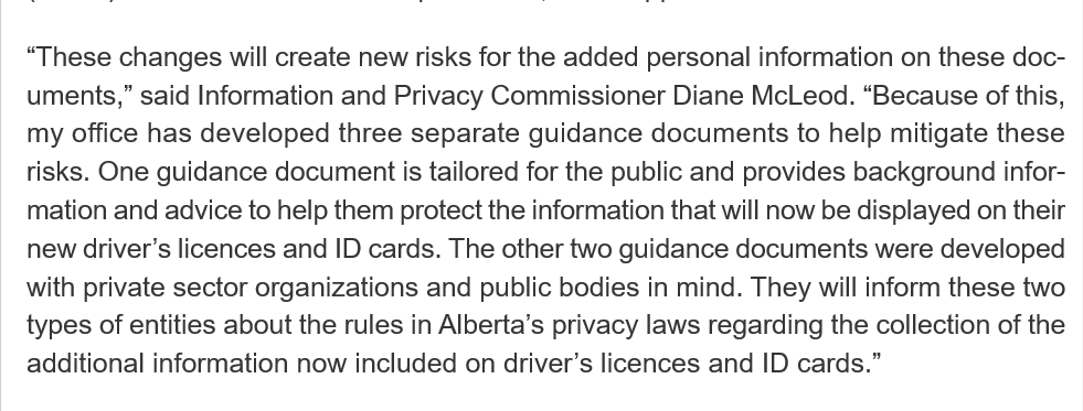 cspotweet's tweet photo. Heads up.

Alberta's Privacy Commissioner has shared new guidance for anyone getting a new provincial ID/health care card. 

Diane McLeod says the cards will create new risks for Albertans and their private information. 

https://t.co/6gcRQLlU4b https://t.co/RqOV37cIhE