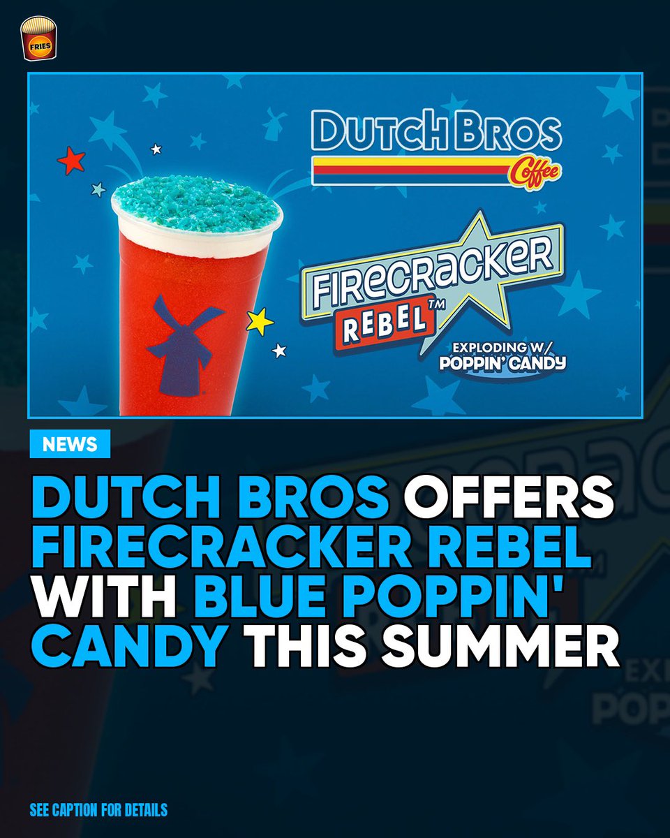 xmakemefries's tweet photo. Dutch Bros brought the Firecracker Rebel back for summer! 

🧨 Red raspberry base
☁️ Soft Top
🔵 Blue poppin’ candy

Light up your order while supplies last. Who's grabbing one this weekend?

#DutchBros #FirecrackerRebel
📸 Dutch Bros https://t.co/rcHNRiW81m