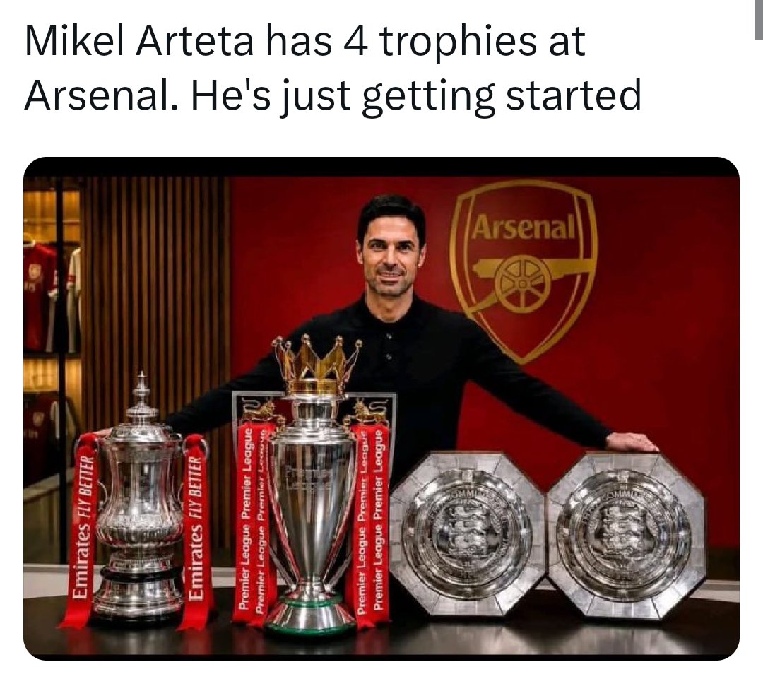 Mo_Reec's tweet photo. Martinelli won every one of these 4 trophies. I know your next line is going to be community shields don't count.
Well, you people's double standard and hypocrisy reeks to high heaven. When counting Peps 20 trophies at City, the community shields are counted but when it comes to Arsenal and Arteta they suddenly don't count.