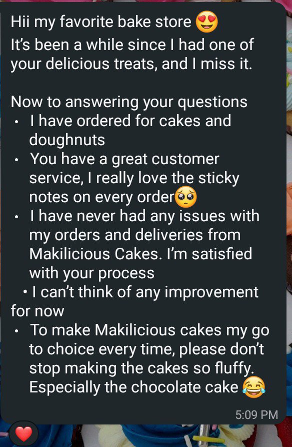 Thetasteofhaven's tweet photo. Happy New Month Beautiful People 💓 

A few weeks ago, we reached out to our customers to hear about their experience with Makilicious Cakes and how we can better serve them 

These are some of the responses we got warmed our hearts and reminded us why we do what we do 💝✨ https://t.co/OsvQV3B8Lz