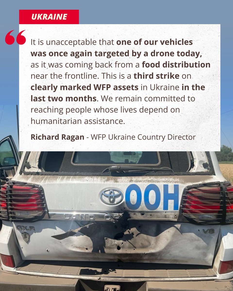 WFPUkraine's tweet photo. Today a @WFP armoured vehicle in #Ukraine was struck by an FPV drone while traveling back from Mezhova, Dnipropetrovsk region with a WFP truck that had offloaded food boxes for a distribution.

Our staff are safe.

Civilians and humanitarians must never be targets. https://t.co/NV3zlsJc9m
