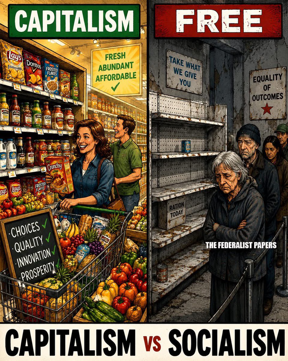 ToniLL22's tweet photo. I guess New York will be finding out the true meaning of communism soon! 🎯🎯🎯

Capitalism gives you full shelves, multiple brands, competing prices, better service, and the freedom to choose what works for your family.

Socialism promises everything will be “free,” then somehow the shelves go empty, the lines get longer, the quality disappears, and the people in charge explain that the failure is actually fairness.

That is the difference.

In a free market, businesses have to earn your money. They have to compete. They have to stock what people want. They have to keep prices reasonable, treat customers well, and innovate, because if they do not, someone else will.

That is why the capitalism side of this cartoon is full of color, food, options, and normal people living normal lives.

Then look at the socialism side.

One can on the shelf. Sad faces. No choice. No abundance. No joy. Just rationing, excuses, and a government sign telling you to take what you are given.

And now New York City is about to test this in real life.

Zohran Mamdani has pushed city run grocery stores as part of his agenda, with the mayor’s office saying $70 million in capital funding has been allocated to develop five grocery store sites across the five boroughs. ([New York City Government][1])

The pitch is always the same, government will step in, government will lower prices, government will make life fair.

But government does not create abundance. Producers do. Farmers do. Truckers do. Store owners do. Workers do. Entrepreneurs do. Competition does.

Socialists see a full store and think the problem is that someone is making money. Normal people see a full store and understand that profit is part of what keeps the shelves full in the first place.

The choice is not complicated.  

Capitalism gives people options.

Socialism gives people lectures.

And eventually, it gives them empty shelves.