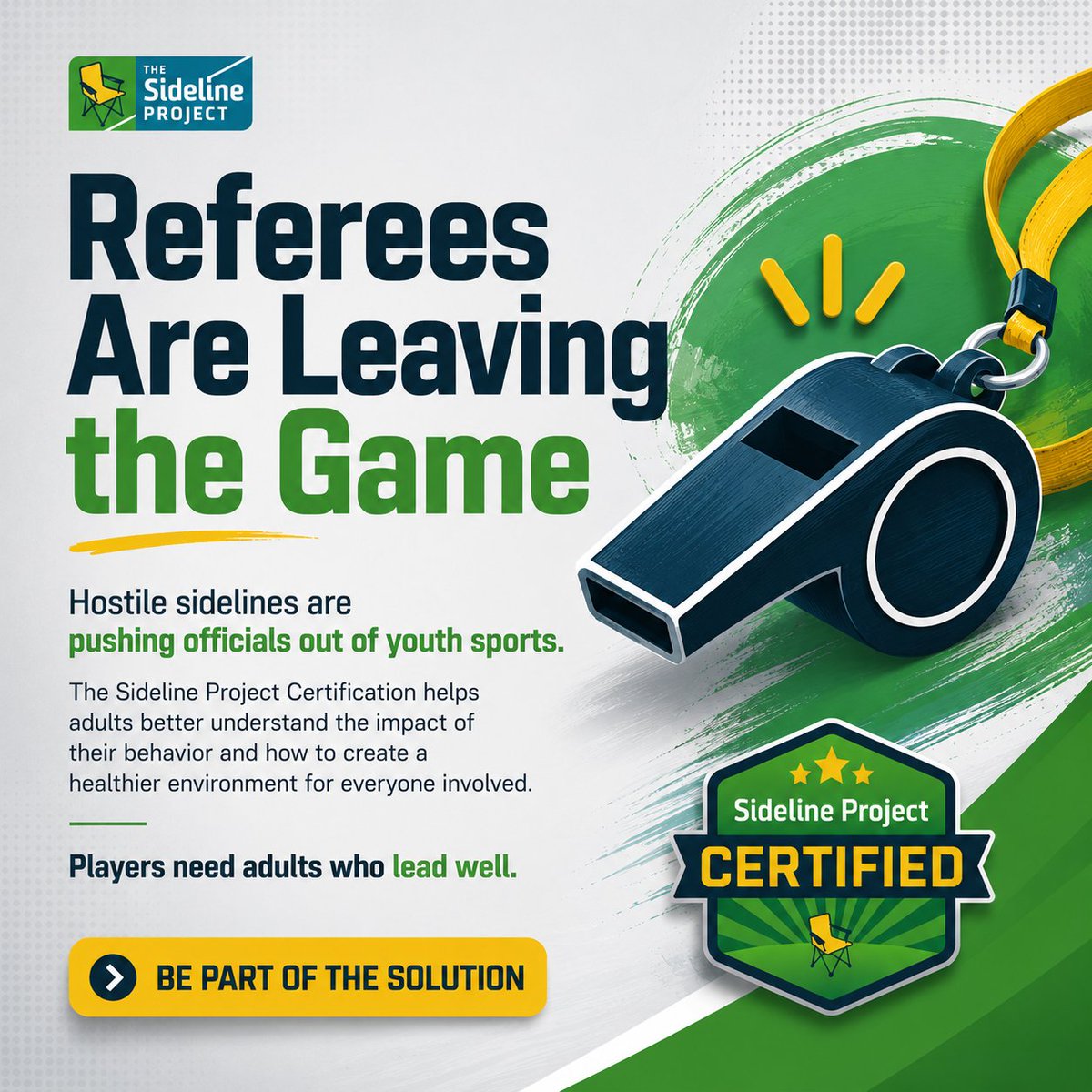 SoccerParenting's tweet photo. 🚨 Referees are leaving the game and it's time to change that.

Youth sports thrive when everyone feels respected, including the officials who make the game possible. Hostile sidelines and negative behavior are driving referees away, impacting every player, coach, and family.

The Sideline Project Certification empowers parents, coaches, and supporters to create a more positive sports environment through a quick, practical training that makes a lasting impact.

✅ Promote respect on the sidelines
✅ Support referees and coaches
✅ Create a better experience for every young athlete

Together, we can build a culture where players grow, officials stay, and the love of the game comes first.

💚 Be part of the solution.
🌐 Learn more at https://t.co/629UcF3SRS

#YouthSports #YouthSoccer #PositiveCoaching #SportsParents #RespectTheRef #RefereeRespect #SidelineCulture