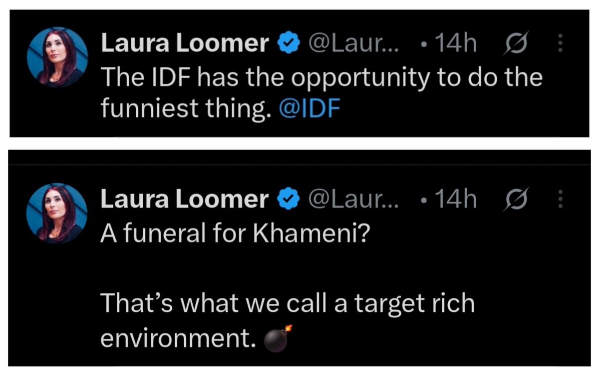 IranembTun's tweet photo. American journalist Laura Loomer, with 1.9 million followers, has openly called on the IDF to bomb civilians attending the funeral of Iran's leader. It must be unequivocally condemned. https://t.co/iBMeZRxVEK