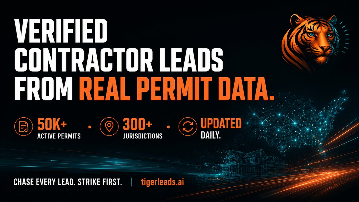 tigerleadsai's tweet photo. Meet https://t.co/KQT0LyztOy 🐅 — verified contractor leads from real permit data. 20 data points on every lead, updated daily, no credit card to start. Chase every lead. Strike first. → https://t.co/8fUyxA2WQ3 https://t.co/LJrByX693J