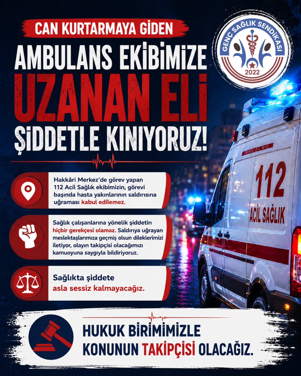 gencsagliksend's tweet photo. Görevi can kurtarmak olan 112 Acil Sağlık ekiplerine uzanan her el, toplum vicdanına uzanmıştır.

Hakkari’de görev başındaki meslektaşlarımıza yönelik gerçekleştirilen saldırıyı lanetliyor, meslektaşlarımıza geçmiş olsun dileklerimizi iletiyoruz. Sağlıkta şiddetin normalleştirilmesine asla izin vermeyeceğiz.

Meslektaşlarımızın yanındayız. Hukuki sürecin sonuna kadar takipçisi olacağız.
