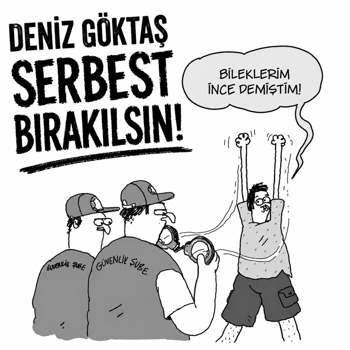 UykusuzDergi's tweet photo. Yazarımız ve çalışma arkadaşımız Deniz Göktaş’ın gözaltına alınmasını kabul etmiyoruz. Mizahı ters kelepçe ile susturamazsınız; o kelepçeler ne Deniz’in cesaretini ne de mizahın özgürlüğünü tutsak alabilir. Arkadaşımız Deniz Göktaş’ın yanındayız, derhal serbest bırakılsın! https://t.co/SW60D4T6lJ