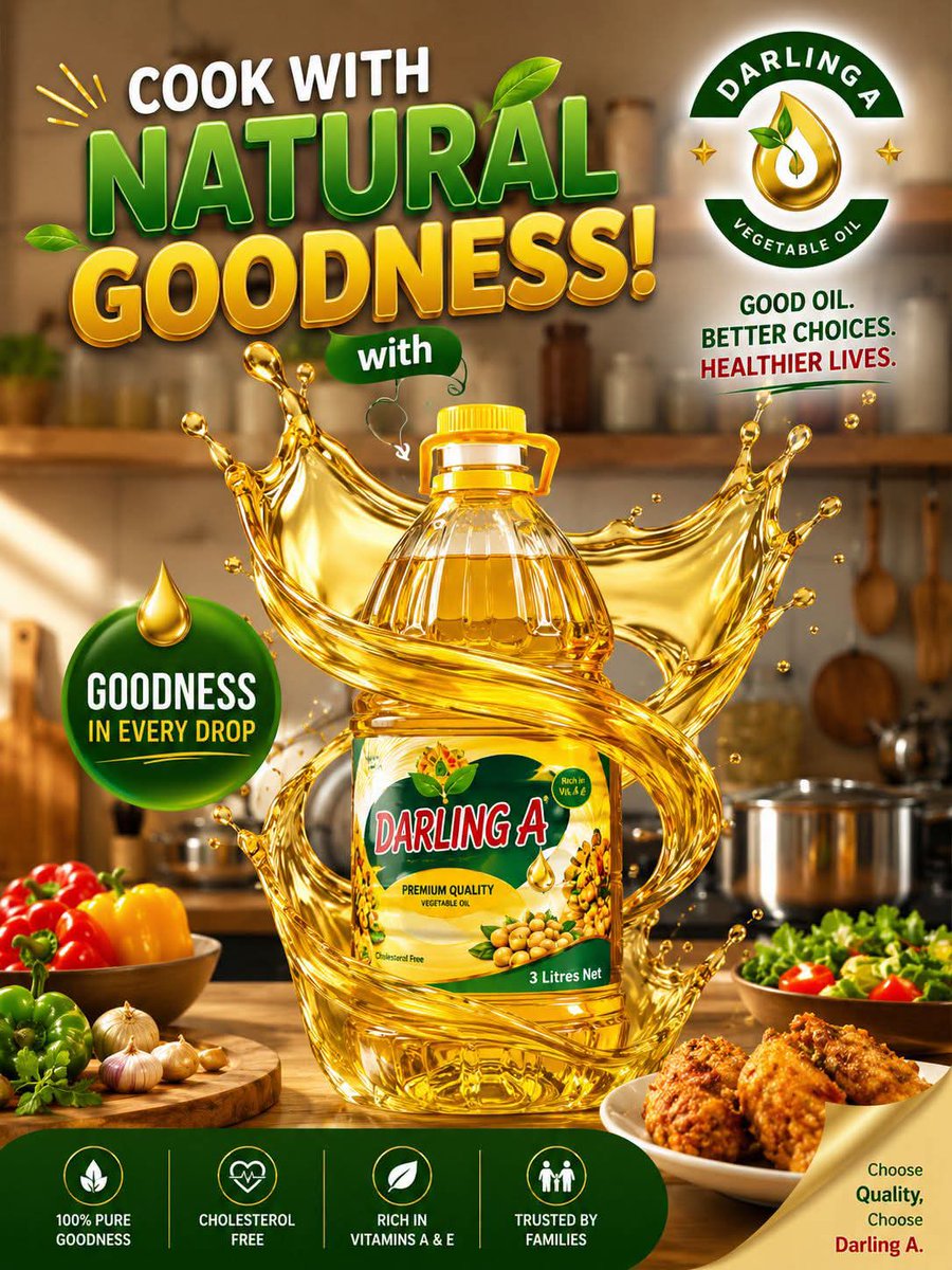 Darling_A_Oil's tweet photo. Great meals begin with great choices. 🌿✨

Bring out the rich taste in every dish with @Darling_A_Oil, pure, wholesome, and made for everyday cooking. Because every drop adds goodness to your family's table.

Darling A Vegetable Oil, Goodness in Every Drop. 💛🍳 https://t.co/HzoZoapqq7