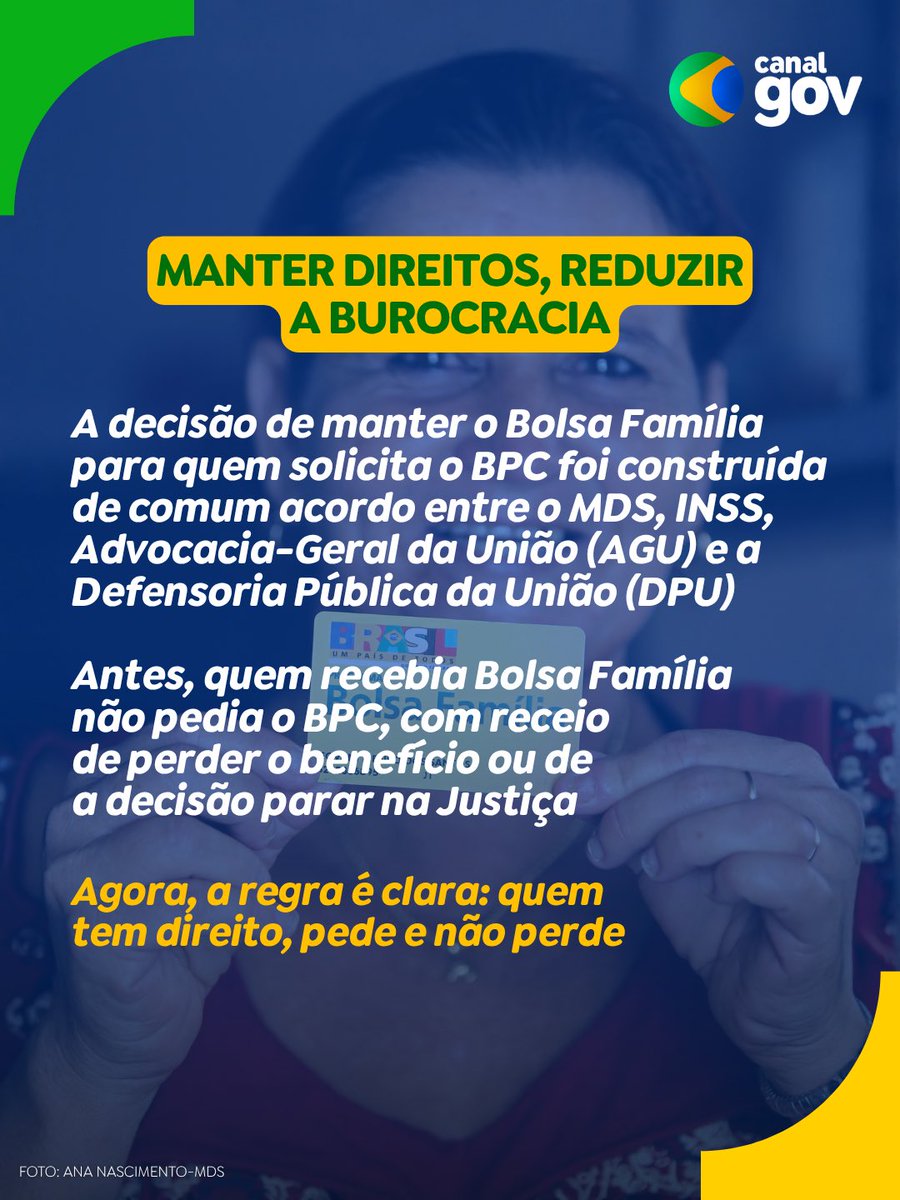 canalgov's tweet photo. Uma responsável familiar com direito ao BPC, e que já recebe o Bolsa Família, não perde este benefício se solicitar o outro. https://t.co/c4DpJBe46u