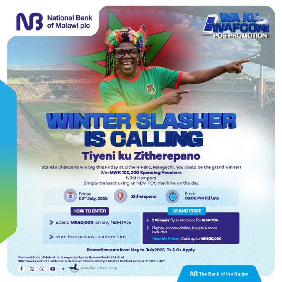 Hyperloll4's tweet photo. Ku MANGOCHI mawa Kuli ma Blacks 

From 8:00 PM as we cheer on the Scorchers while enjoying an unforgettable night of great music. Transact on our POS machine for a chance to win 100k vouchers or exclusive NBM hampers!

#BankOfTheNation
#WakuWAFCON
#Scorchers https://t.co/P5FgAyvdbu