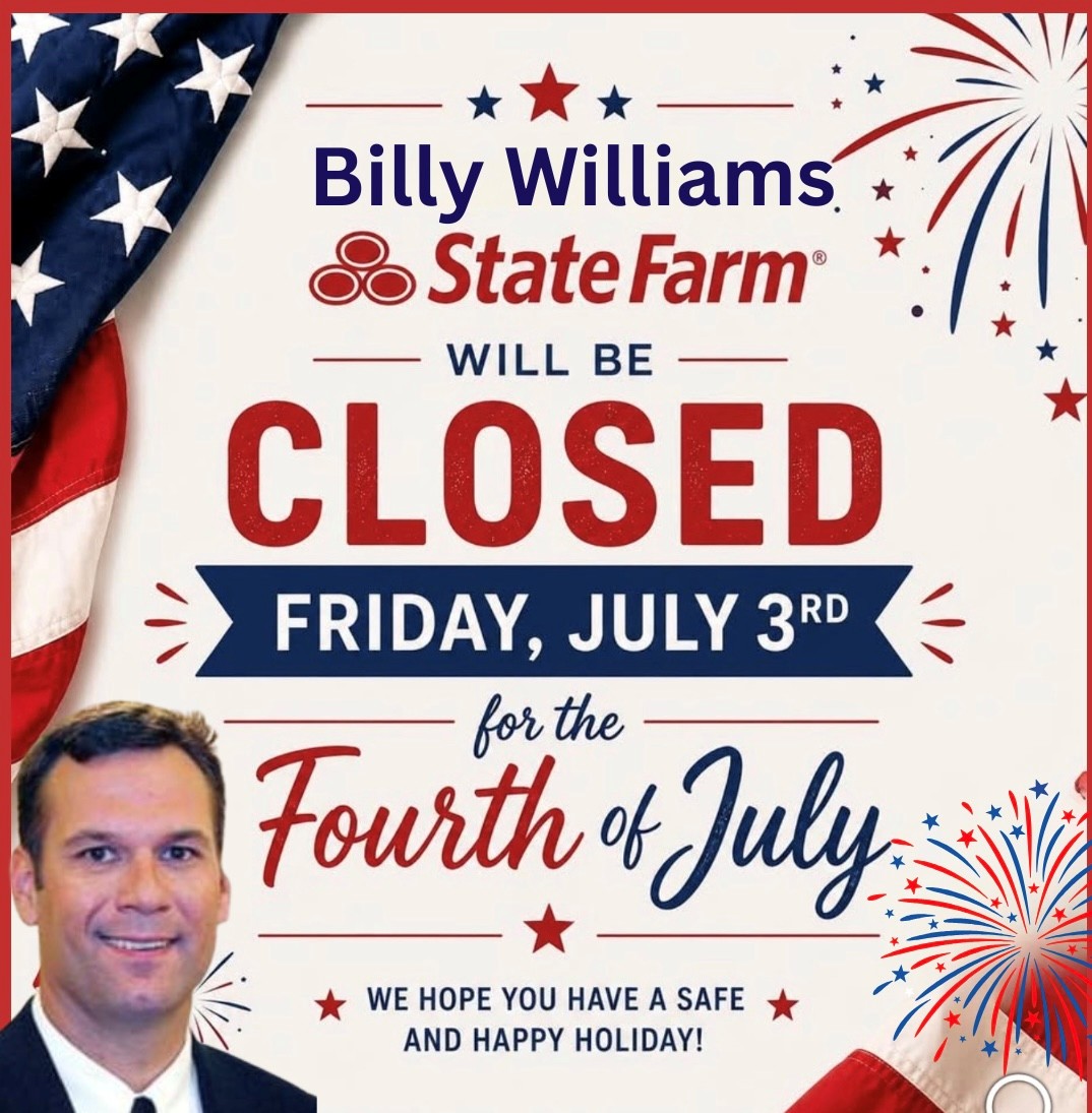billy_statefarm's tweet photo. Just a friendly reminder that our office will be closed on Friday, July 3rd to start celebrating Independence Day! 🎆 Enjoy the festivities, fireworks, and family time.  🎇❤️💙 

#Happy4th #BillyWilliams #StateFarm #Insurance #IndependenceDay #HappyBirthdayAmerica #250Years https://t.co/a7FwgEJYfl