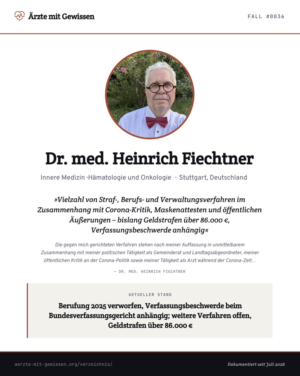 Mwgfd_official's tweet photo. In den Akten eines Strafverfahrens gegen einen Stuttgarter Arzt und früheren Landtagsabgeordneten fand sich eine staatsanwaltschaftliche Anordnung: Zur Entsperrung seines Handys per Gesichtserkennung dürfe notfalls unmittelbarer Zwang eingesetzt werden – sein Kopf fixiert, seine Augenlider gegen seinen Willen geöffnet.

Der Fall Dr. med. Heinrich Fiechtner (Hämatologe und Onkologe, Stuttgart):
https://t.co/v9YD9CXzpU

▪️ Facharzt seit Jahrzehnten; Stadtrat (2014–2019) und Landtagsabgeordneter (2016–2021)
▪️ Seine Praxis blieb während der gesamten Corona-Zeit für alle geöffnet – niemand wurde wegen seines Impfstatus abgewiesen; Atteste stellte er nur nach Untersuchung aus
▪️ 2020: zweimal aus dem Landtag entfernt – beim zweiten Mal von Polizisten aus dem Plenarsaal getragen
▪️ 2022: namentlich im Verfassungsschutzbericht Baden-Württemberg – Grundlage u. a.: dass er Aussagen der jüdischen Holocaust-Überlebenden Vera Sharav verbreitet hatte
▪️ Nov. 2022: Beschlagnahme des Handys samt der Face-ID-Zwangsanordnung
▪️ März 2023: 485 Tagessätze (72.500 €) – die Höhe nannte die Vorsitzende Richterin laut Fiechtner selbst „absurd", verhängte sie aber gleichwohl
▪️ Dez. 2023: weitere Verurteilung – 90 Tagessätze (13.500 €)
▪️ Feb./Juli 2024: Berufsgericht der Ärztekammer – verurteilt u. a. wegen der Diagnose „Mascara ipse morbus"
▪️ 2025: seine Berufung verworfen; die Staatsanwaltschaft, die eine Haftstrafe wollte, zog die eigene Berufung zurück → Rechtskraft. Verfassungsbeschwerde beim Bundesverfassungsgericht läuft
▪️ bislang Geldstrafen über 86.000 €

2026 erlitt er einen Schlaganfall. Am 1. Juli 2026 hat er dennoch wieder eine Hausarztpraxis eröffnet.
Fiechtner:
„Hier stehe ich, ich kann nicht anders."
#ÄrzteMitGewissen #DoctorsOfConscience