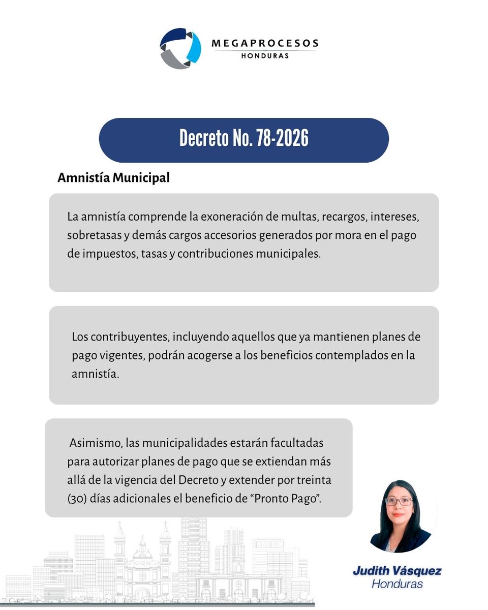 Megaprocesos's tweet photo. HN - 🇭🇳 ¿Obligaciones fiscales pendientes?

El nuevo Decreto No. 78-2026 abre una ventana de 4 meses para que los contribuyentes en Honduras accedan a la exoneración TOTAL de multas, intereses y recargos tanto a nivel nacional como municipal.

#Megaprocesos #Honduras #Amnistía https://t.co/YzV3rVmFDR