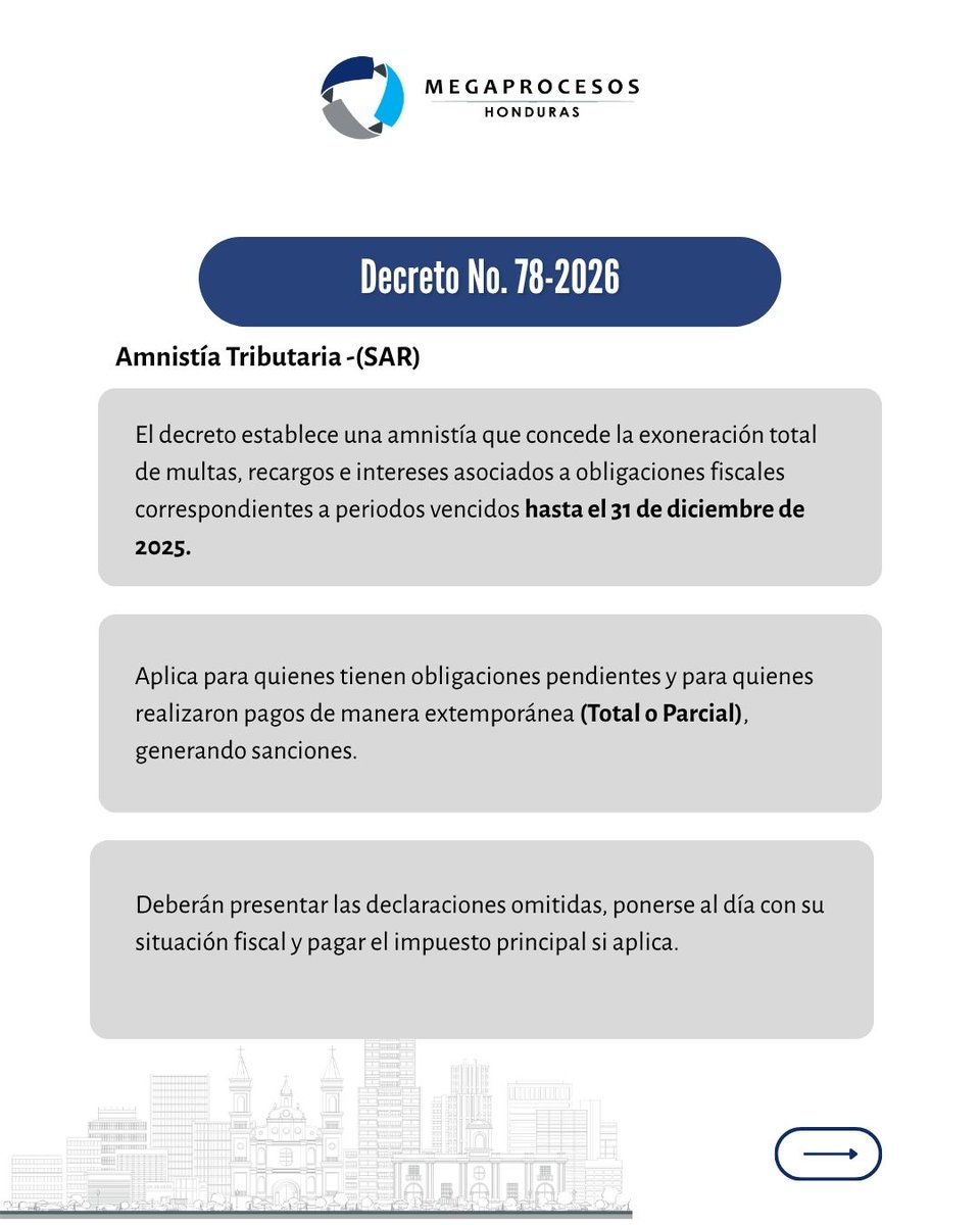 Megaprocesos's tweet photo. HN - 🇭🇳 ¿Obligaciones fiscales pendientes?

El nuevo Decreto No. 78-2026 abre una ventana de 4 meses para que los contribuyentes en Honduras accedan a la exoneración TOTAL de multas, intereses y recargos tanto a nivel nacional como municipal.

#Megaprocesos #Honduras #Amnistía https://t.co/YzV3rVmFDR