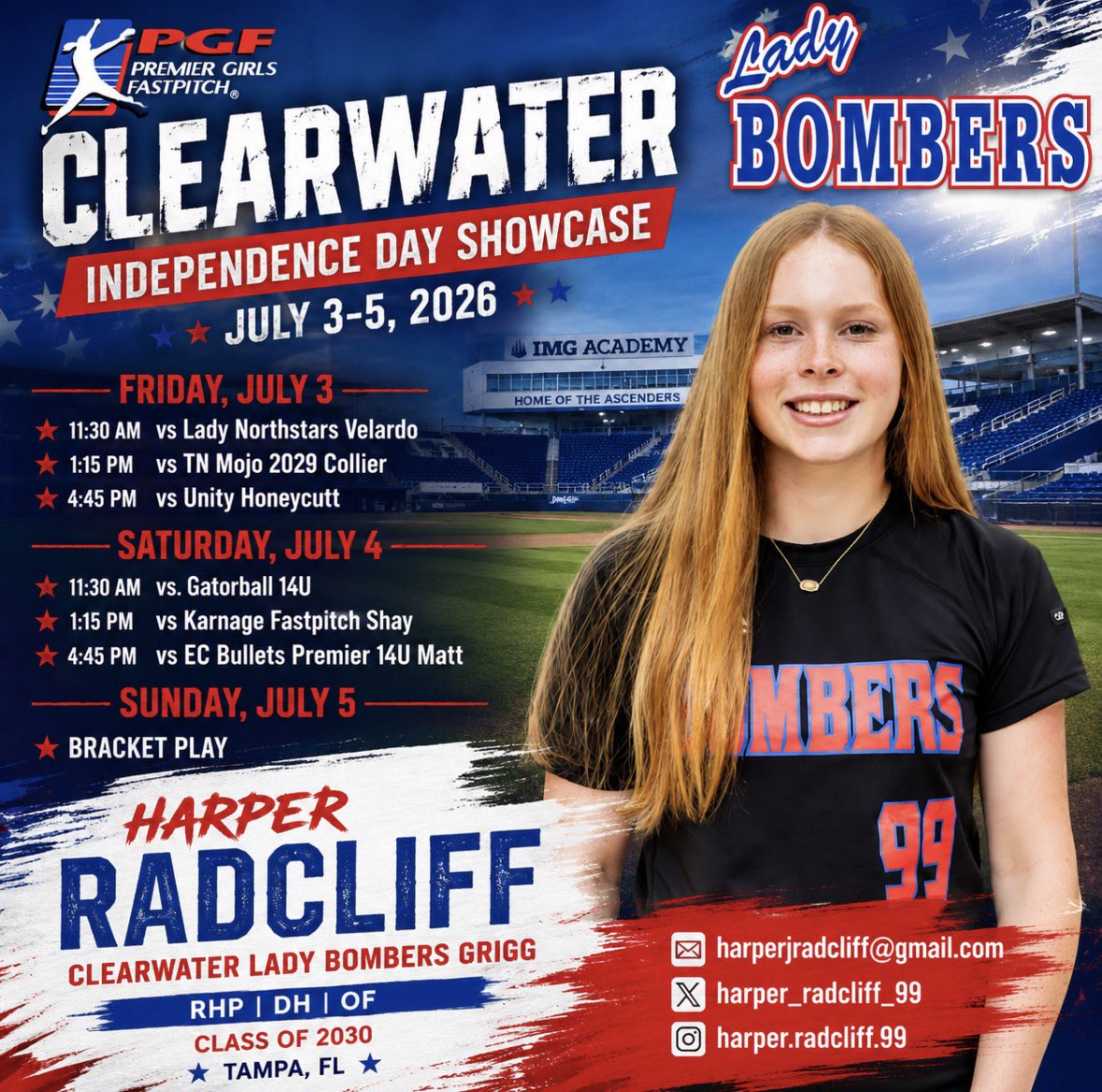 Harper_Radcliff's tweet photo. Ready to compete this weekend at the @PGFnetwork @PGFnetwork Independence Day Showcase at @IMGASoftball! ๐บ๐ธ๐ฅ
@ExtraInningSB @LineDsoftball @SoftbalAmerica @SoftballPortal @D1Softball @tagupSoftball @ConnectSports_
#TheCooker #ClassOf2030 #PGFShowcase https://t.co/UXLyDPZL5X