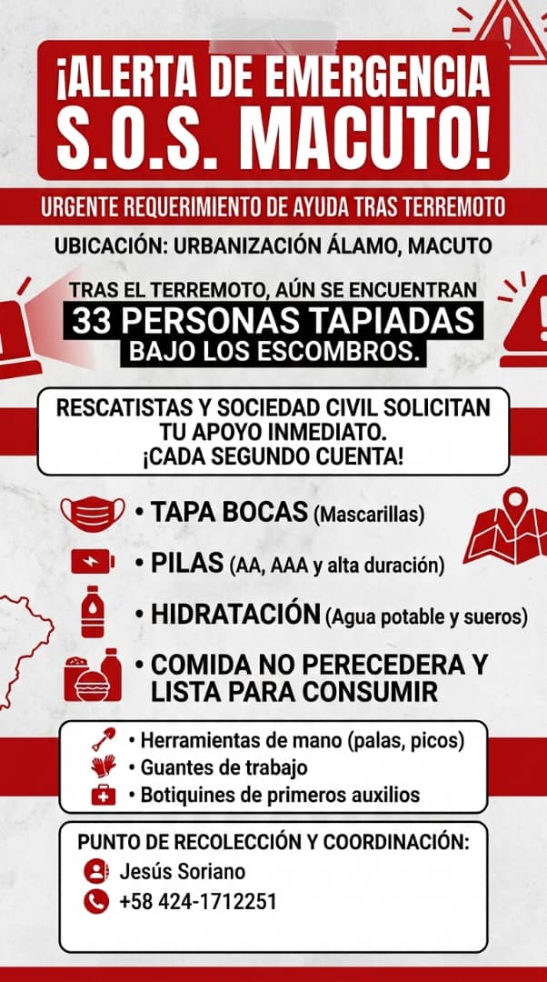 ReporteYa's tweet photo. #2Jul #Ayuda 
​🚨 ¡S.O.S. MACUTO! – SE NECESITA AYUDA URGENTE

​📍 UBICACIÓN: ​Urbanización Álamo, Macuto (Zona de Desastre por Terremoto)

​⚠️ SITUACIÓN ACTUAL:
​Se requiere apoyo inmediato para la remoción de escombros. Aún se encuentran 33 personas tapiadas. Rescatistas y sociedad civil en el lugar solicitan la colaboración urgente de todos.

​📦  DONACIONES REQUERIDAS:
​Para los Equipos de Rescate:

- ​Tapa bocas / Mascarillas KN95 o quirúrgicas.
- ​Pilas (AA, AAA y de alta duración para linternas).
- ​Herramientas de mano (palas, picos, guantes de carnaza).
- ​Para los Afectados y Voluntarios:
- ​Hidratación (Agua potable, sueros orales).
- ​Comida no perecedera / Alimentos listos para consumir.
- ​Botiquín de primeros auxilios (gasas, alcohol, analgésicos).