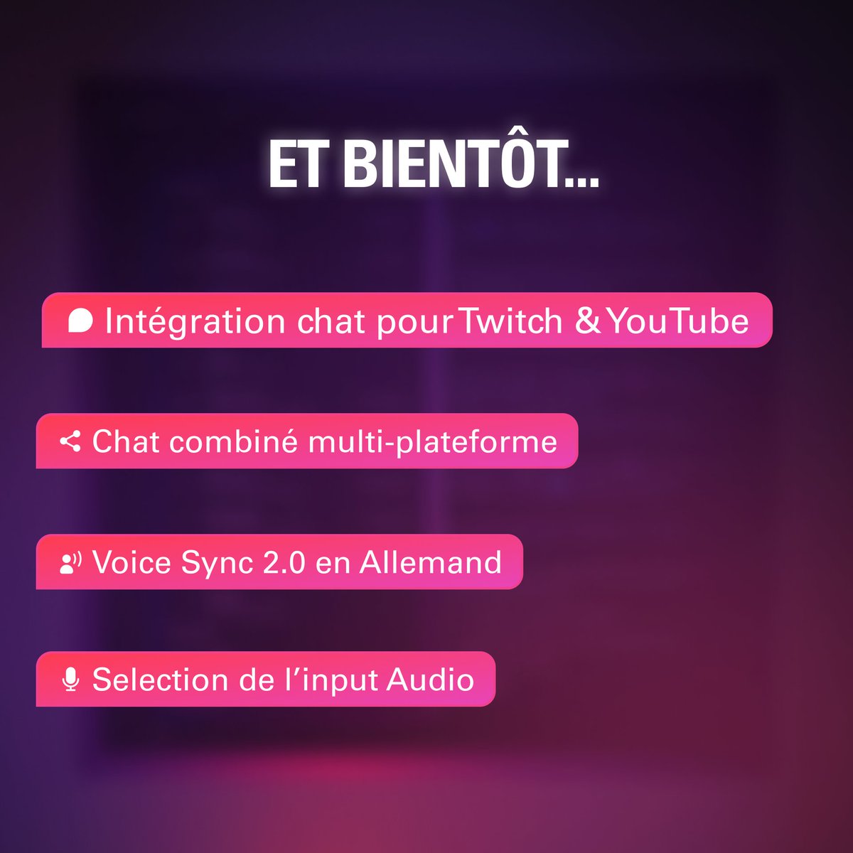 elgatoFRA's tweet photo. Ce n'est que le début.

Nous travaillons déjà sur de nouvelles fonctionnalités qui seront ajoutées à la bêta ultérieurement :

💬 Intégration du chat pour Twitch et YouTube

🤝 Chat multiplateforme

🗣️ Voice Sync 2.0 en allemand

🎙 Sélection de l'entrée audio (choisissez votre source d'enregistrement, comme un mix Wave Link)