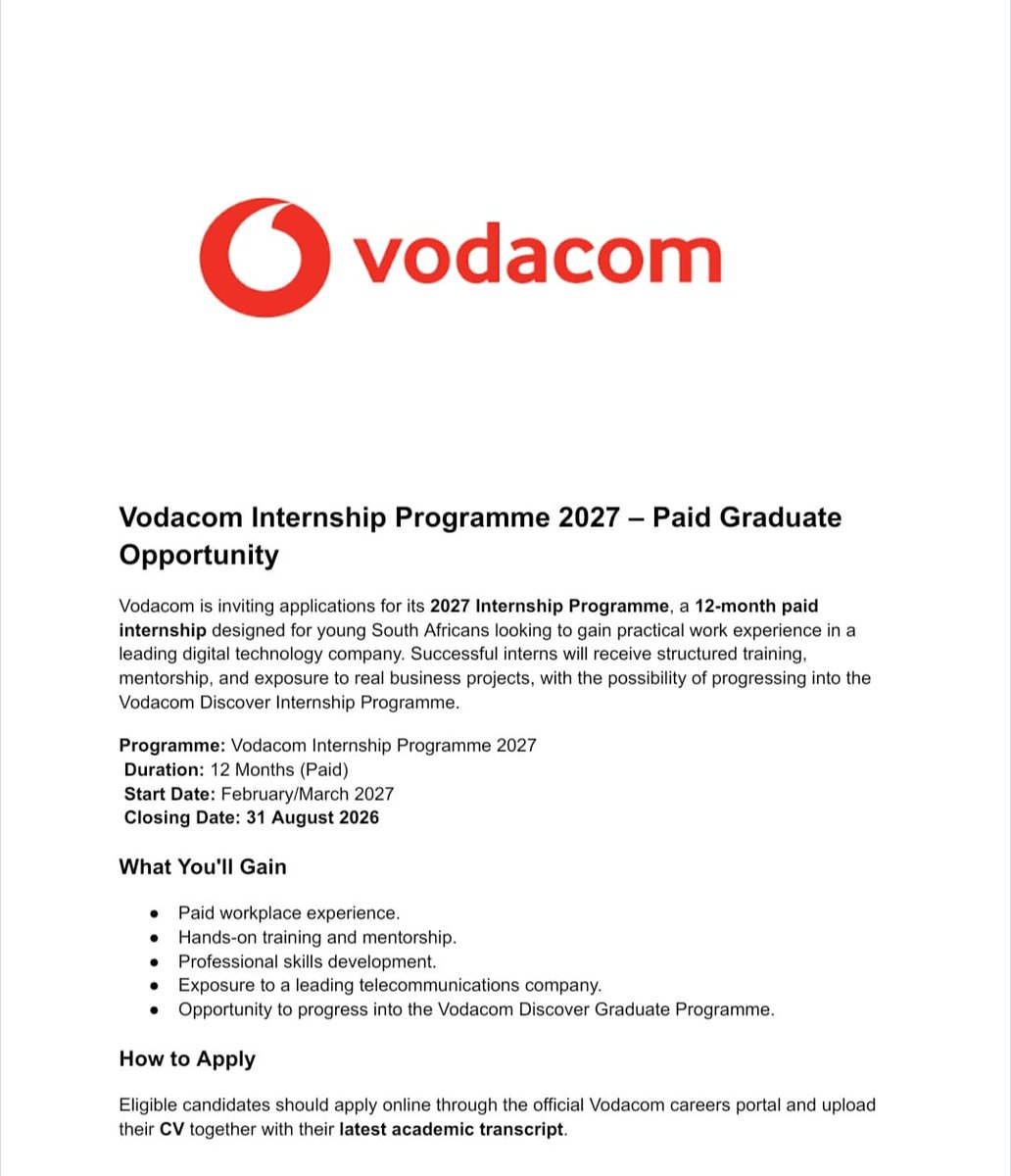 tumelo_br's tweet photo. 📢 Vodacom Internship Programme 2027

Kick-start your career with Vodacom's 12-month paid internship!

✅ South African citizens/permanent residents
💼 Less than 2 years' work experience
📅 Closing Date: 31 August 2026

👉 https://t.co/lQzTmmeHzB https://t.co/UocML5TFZI