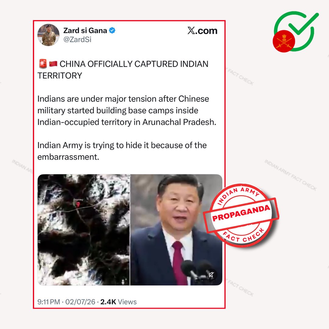 MythbusterXX's tweet photo. 🚨 Filter the Fiction

❌ Pak based propaganda handles like @ZardSi are circulating sensational claims that “China has officially captured Indian territory in Arunachal Pradesh and Indian Army is hiding it in embarrassment.”

✅ Fact: Local groups in Taksing (Upper Subansiri) raised concerns over gradual Chinese activity and road-building in disputed border areas. Indian Army has categorically rejected these claims stating, “We have seen some media reports alleging recent encroachment by Chinese PLA and setting up of camps in Arunachal Pradesh. These reports are incorrect and without any basis.”

🔗 Link: https://t.co/nvF69lhfKt

🎯 Disinformation Pattern:  
Take border infrastructure activity or local grievances → sensationalise as “loss of territory” → trigger panic & anti-India narrative → amplify via emotional posts / videos → weaken public confidence in our forces.

⚠️ Always verify before sharing. Rely on official Indian Army statements and credible defence sources, not random X accounts with clear agendas.

#ArunachalPradesh  
#IndianArmy  
#FactCheck  
@adgpi
@easterncomd
@GoI_MeitY